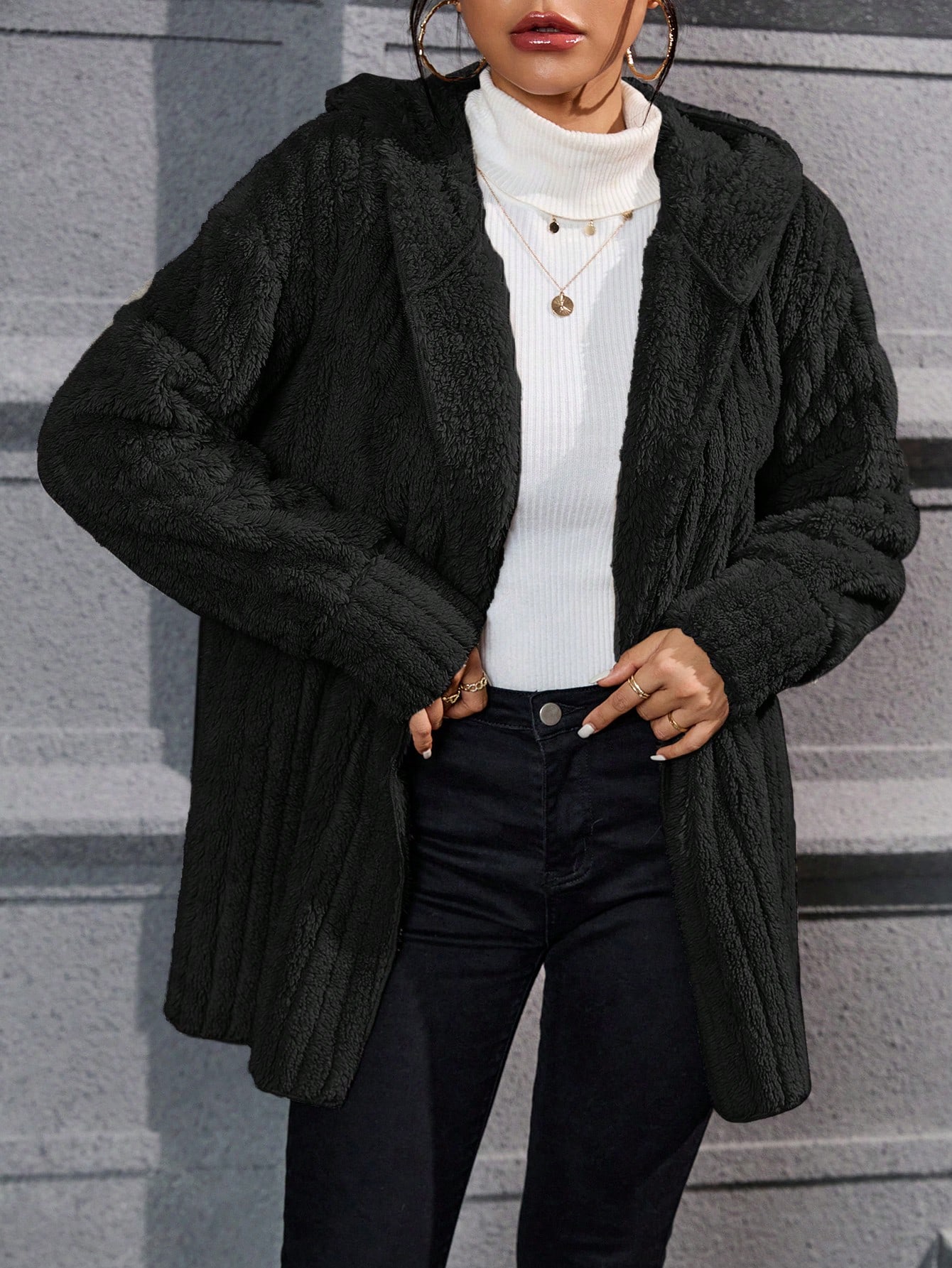 Drop Shoulder Hooded Open Front Flannel Coat