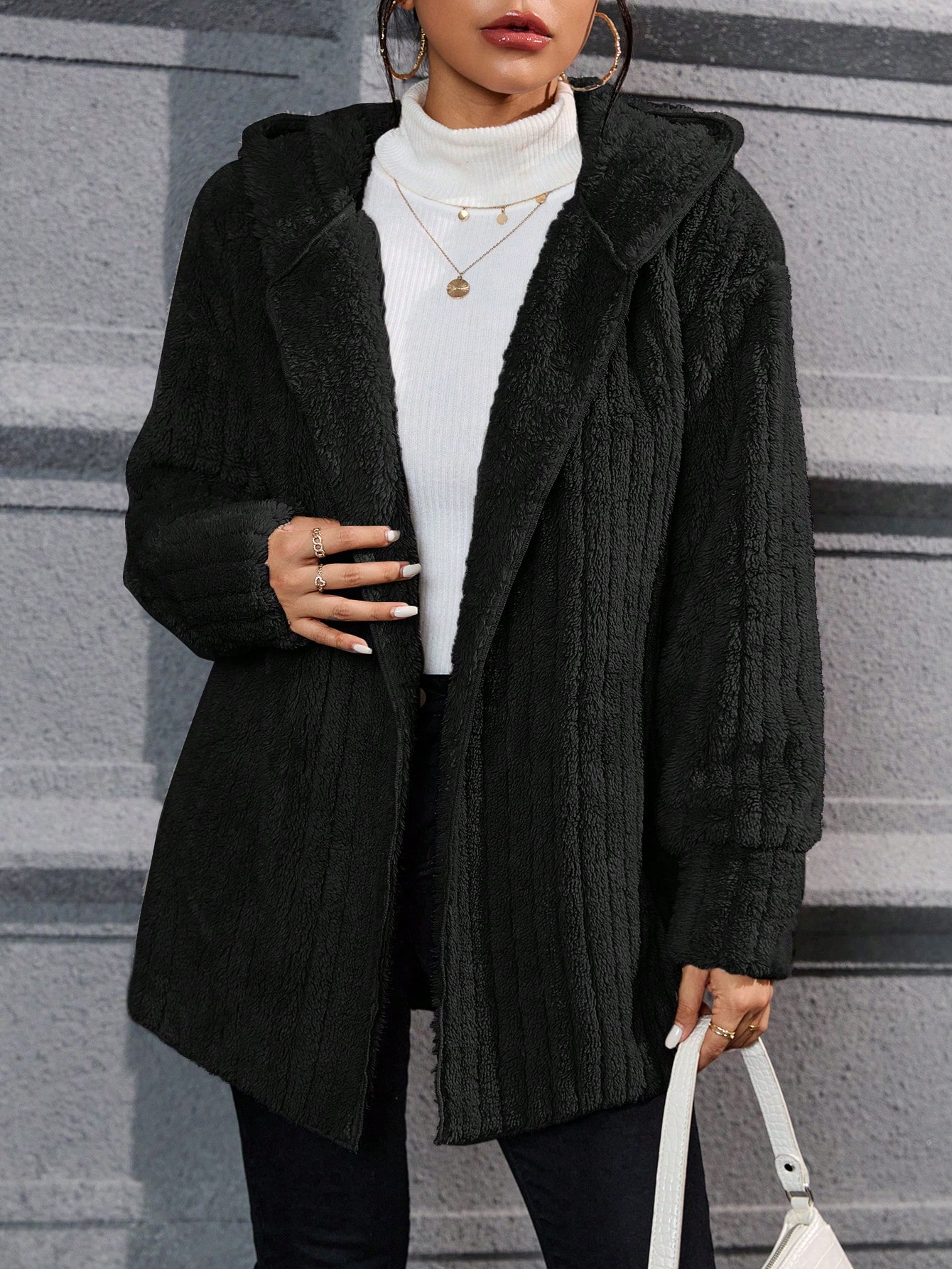 Drop Shoulder Hooded Open Front Flannel Coat