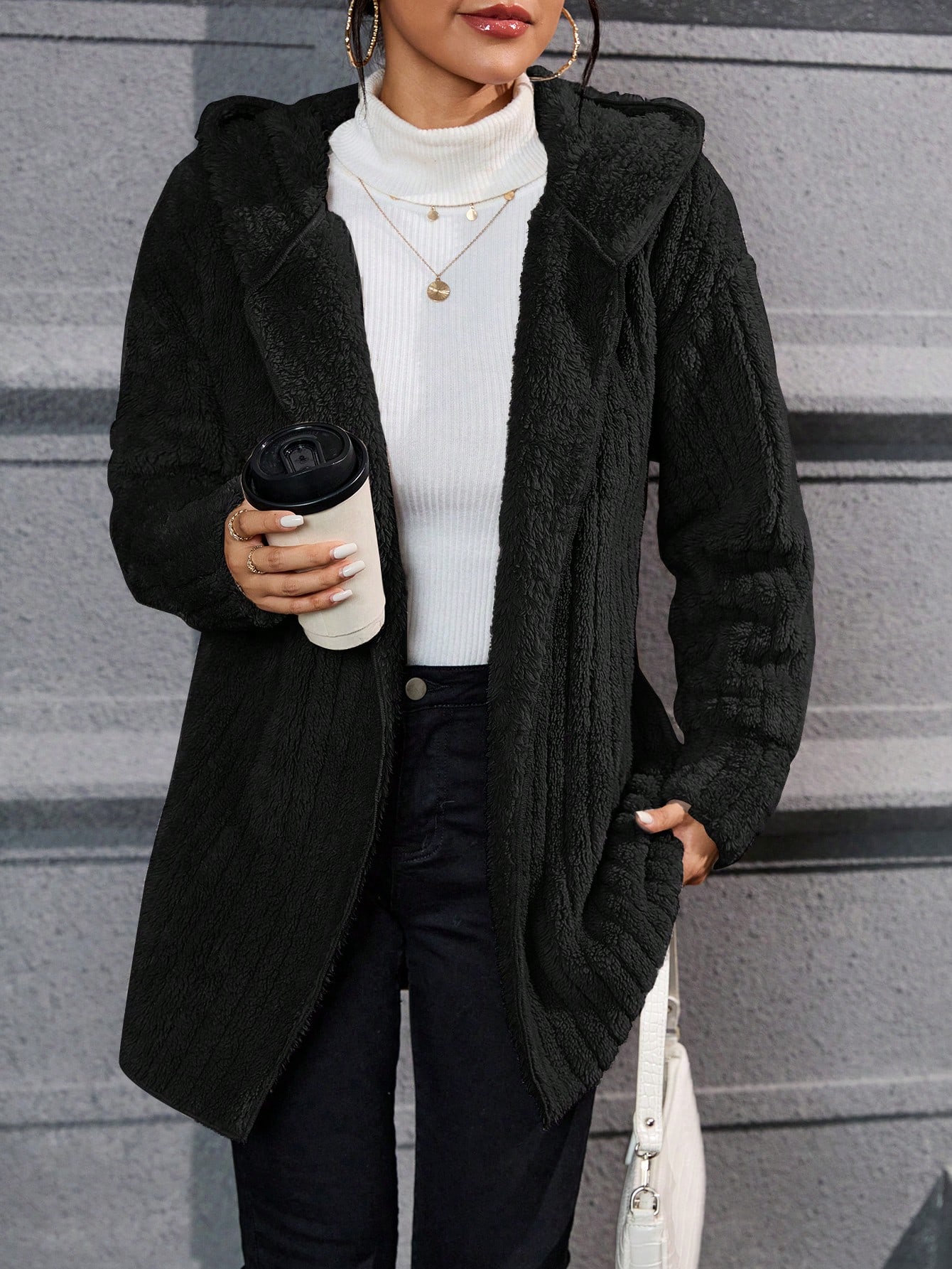 Drop Shoulder Hooded Open Front Flannel Coat