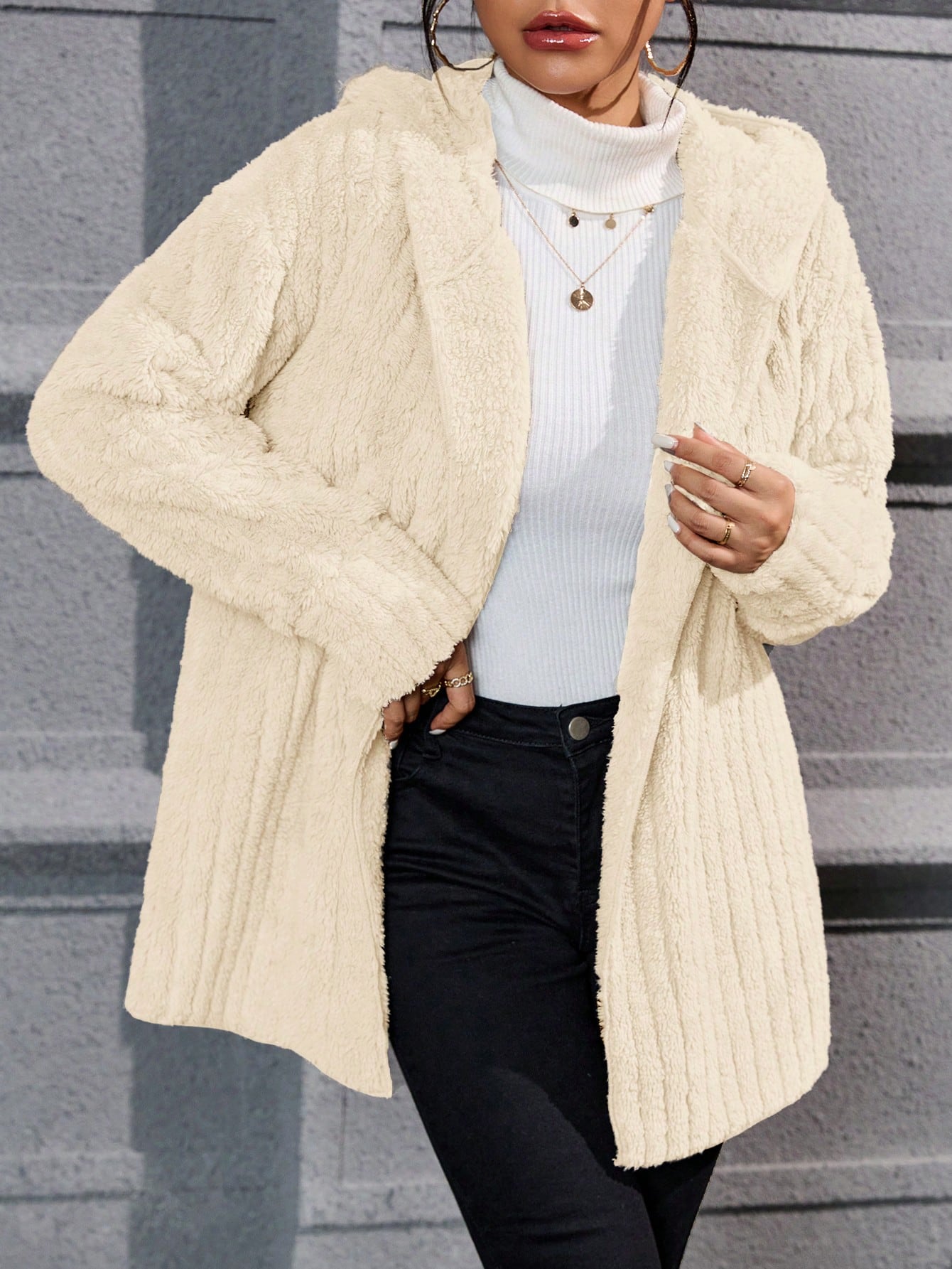 Drop Shoulder Hooded Open Front Flannel Coat