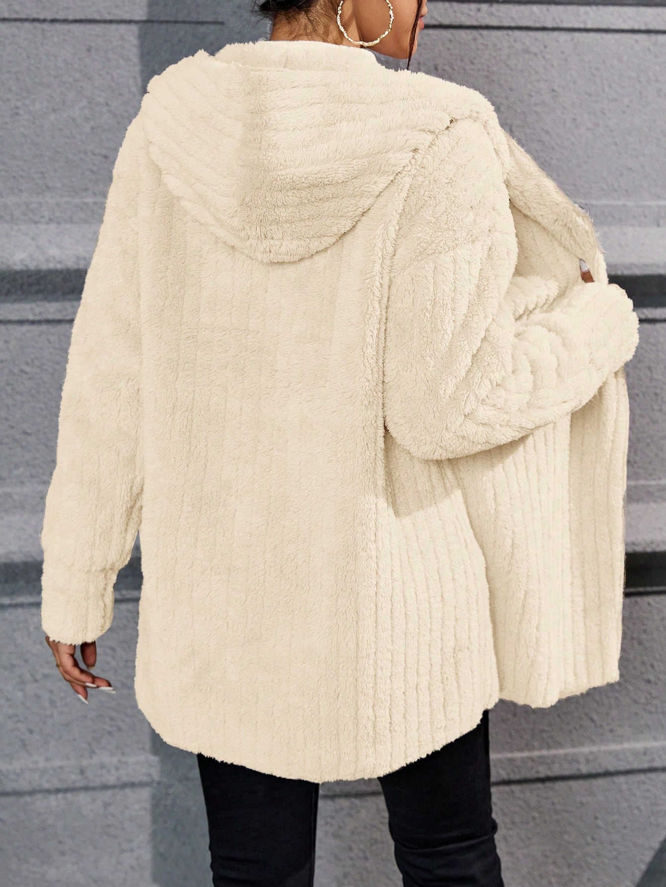 Drop Shoulder Hooded Open Front Flannel Coat