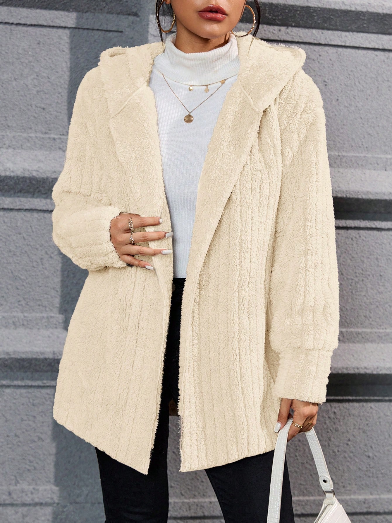 Drop Shoulder Hooded Open Front Flannel Coat