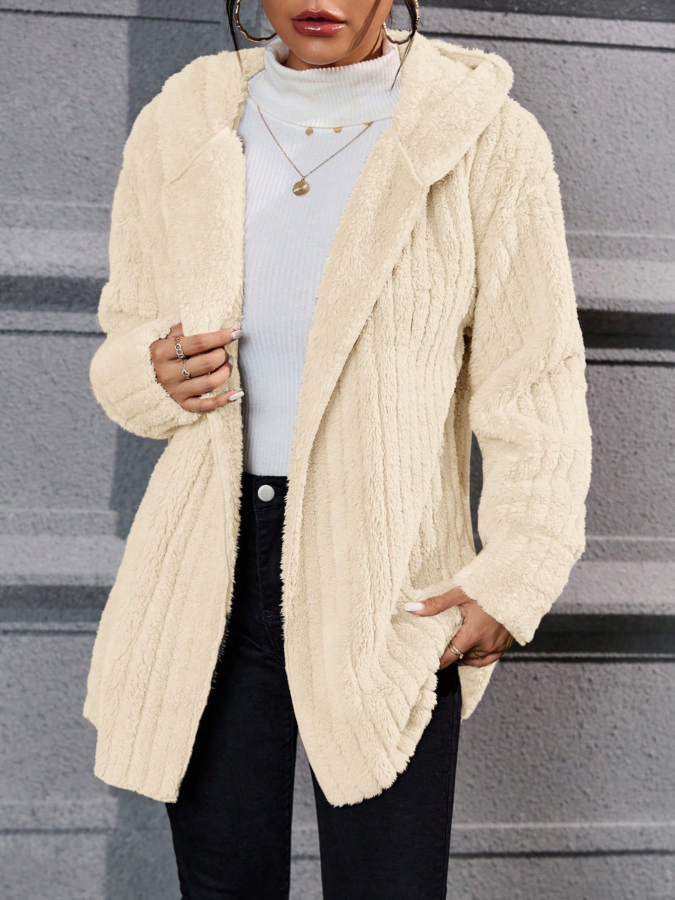 Drop Shoulder Hooded Open Front Flannel Coat