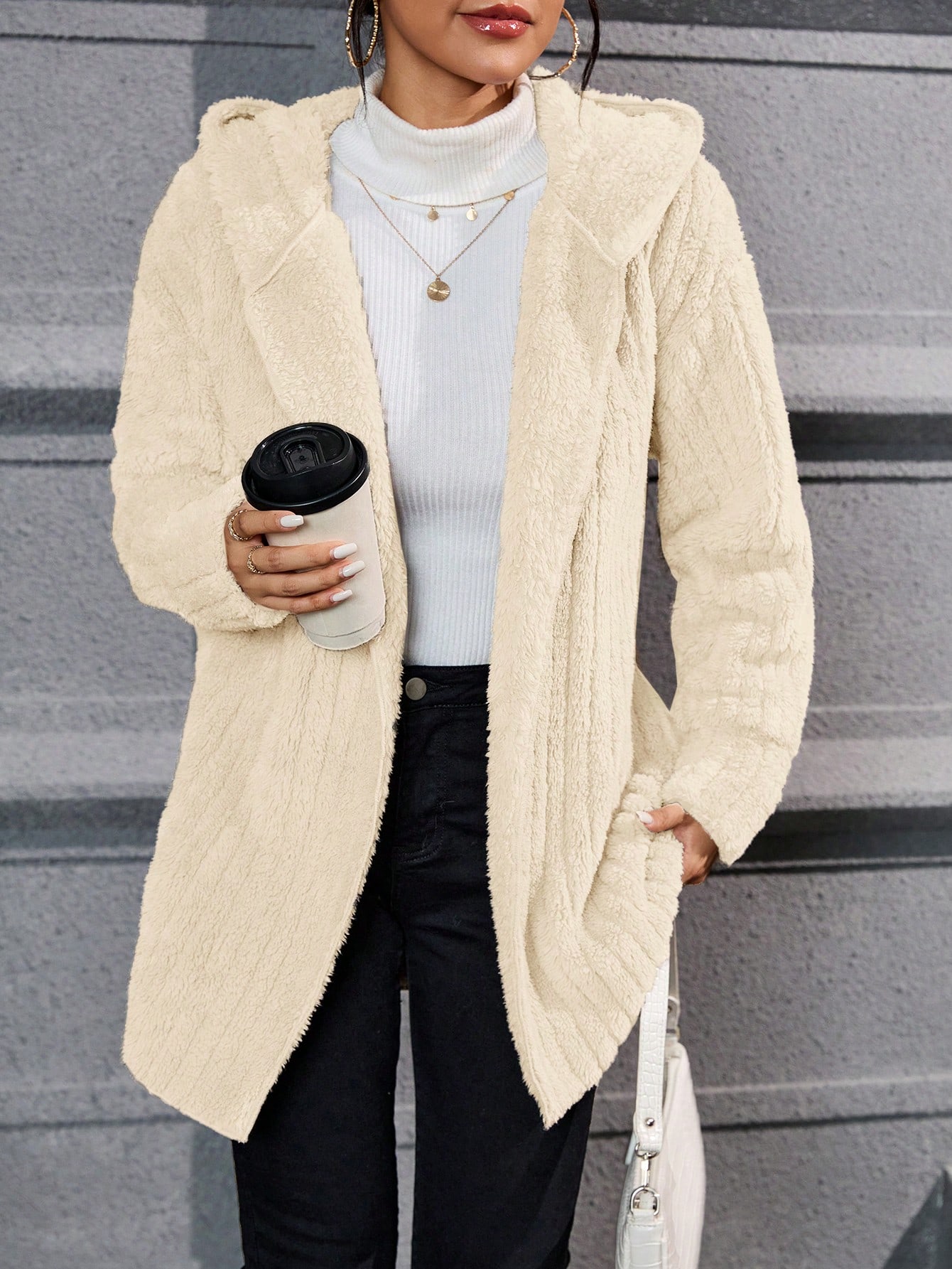 Drop Shoulder Hooded Open Front Flannel Coat