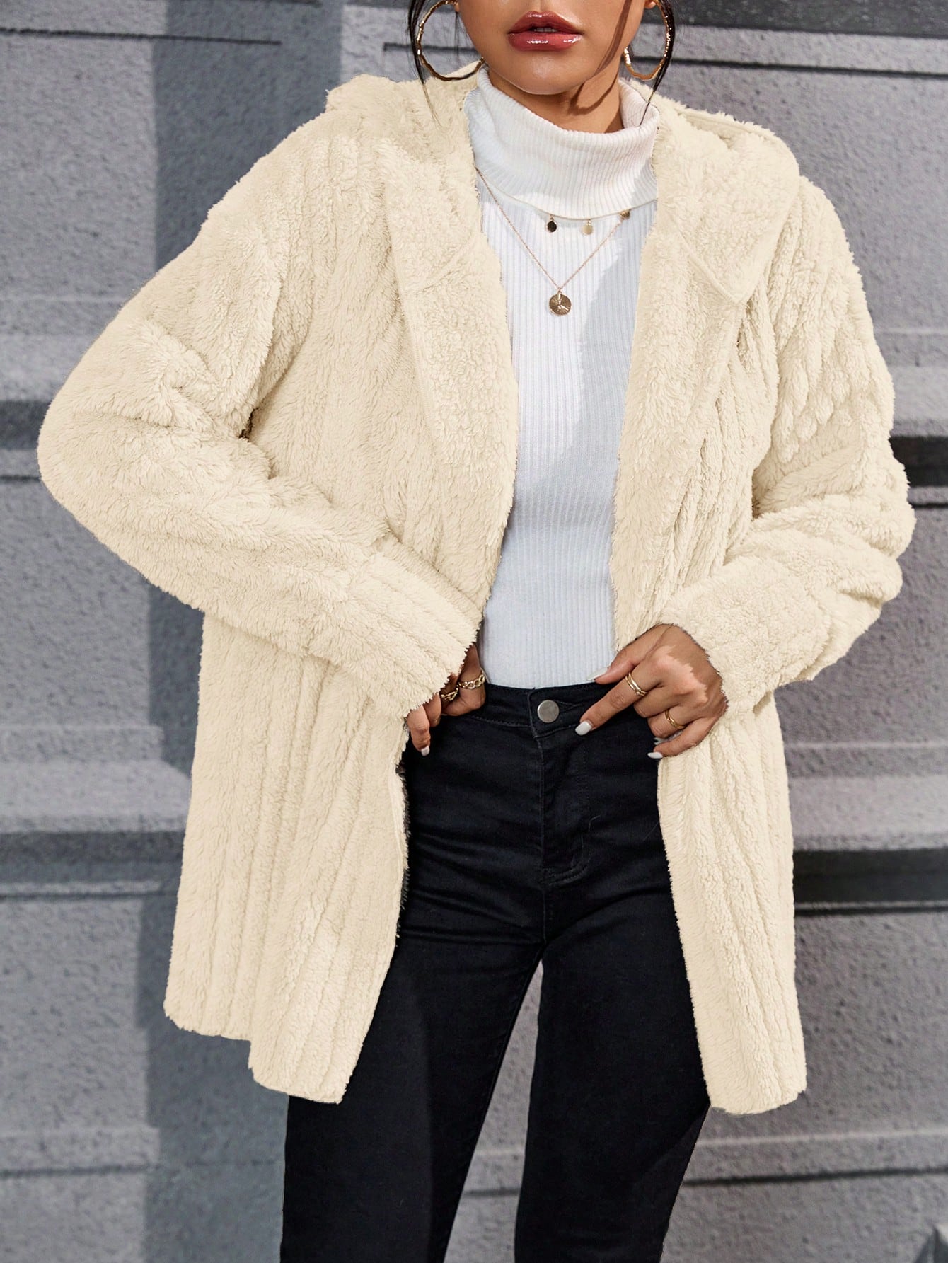 Drop Shoulder Hooded Open Front Flannel Coat