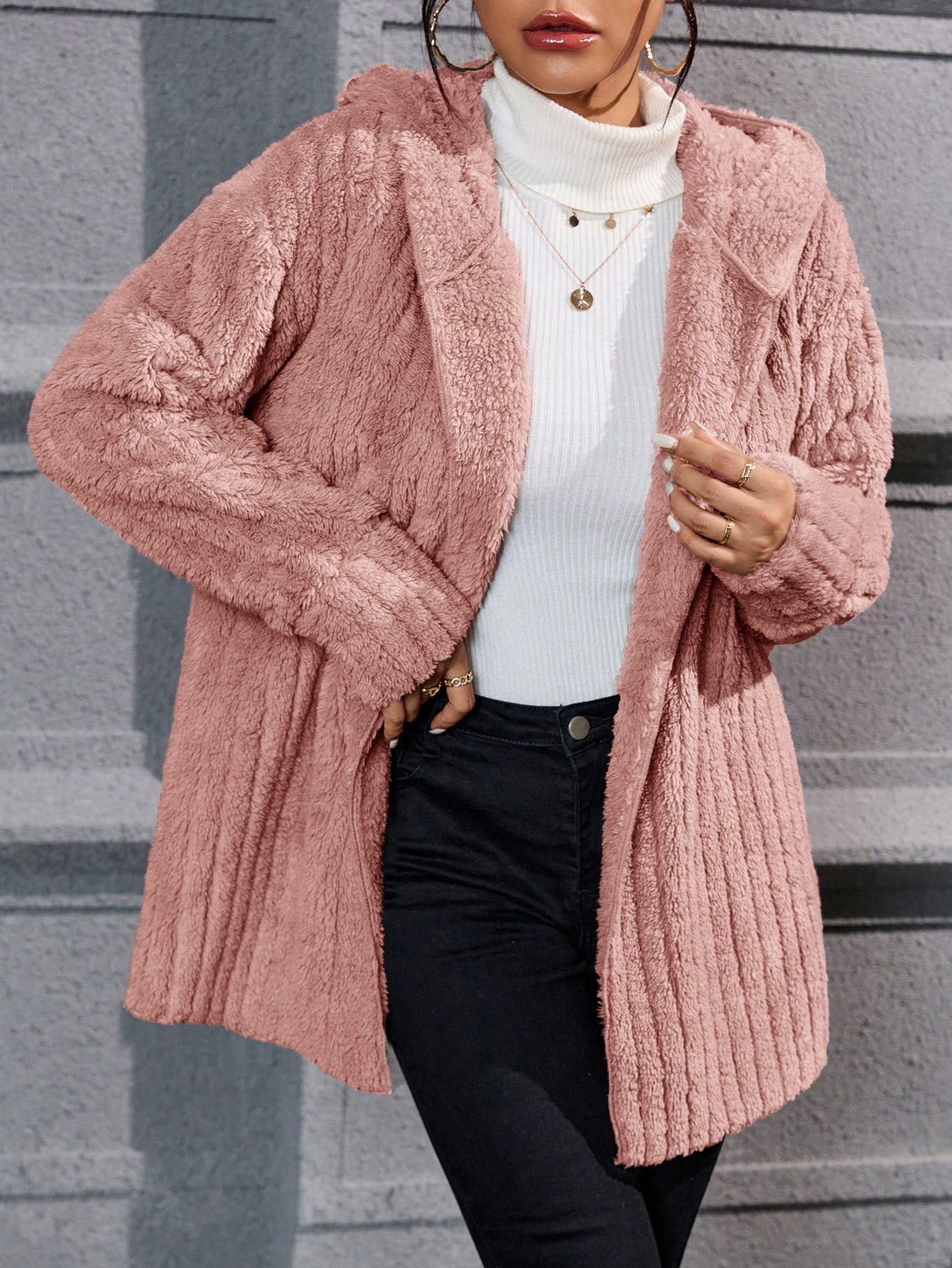 Drop Shoulder Hooded Open Front Flannel Coat