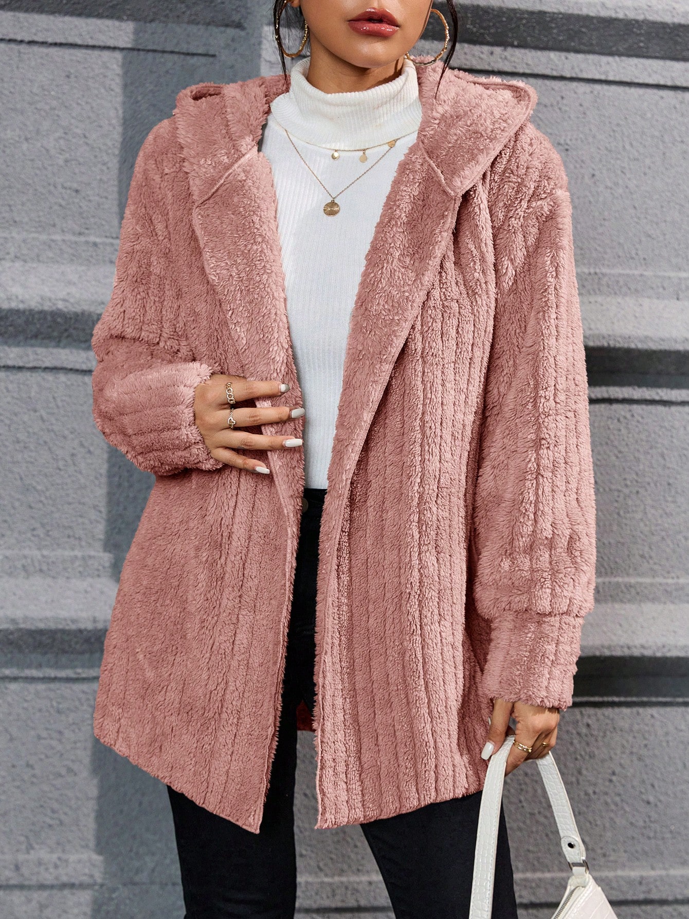 Drop Shoulder Hooded Open Front Flannel Coat