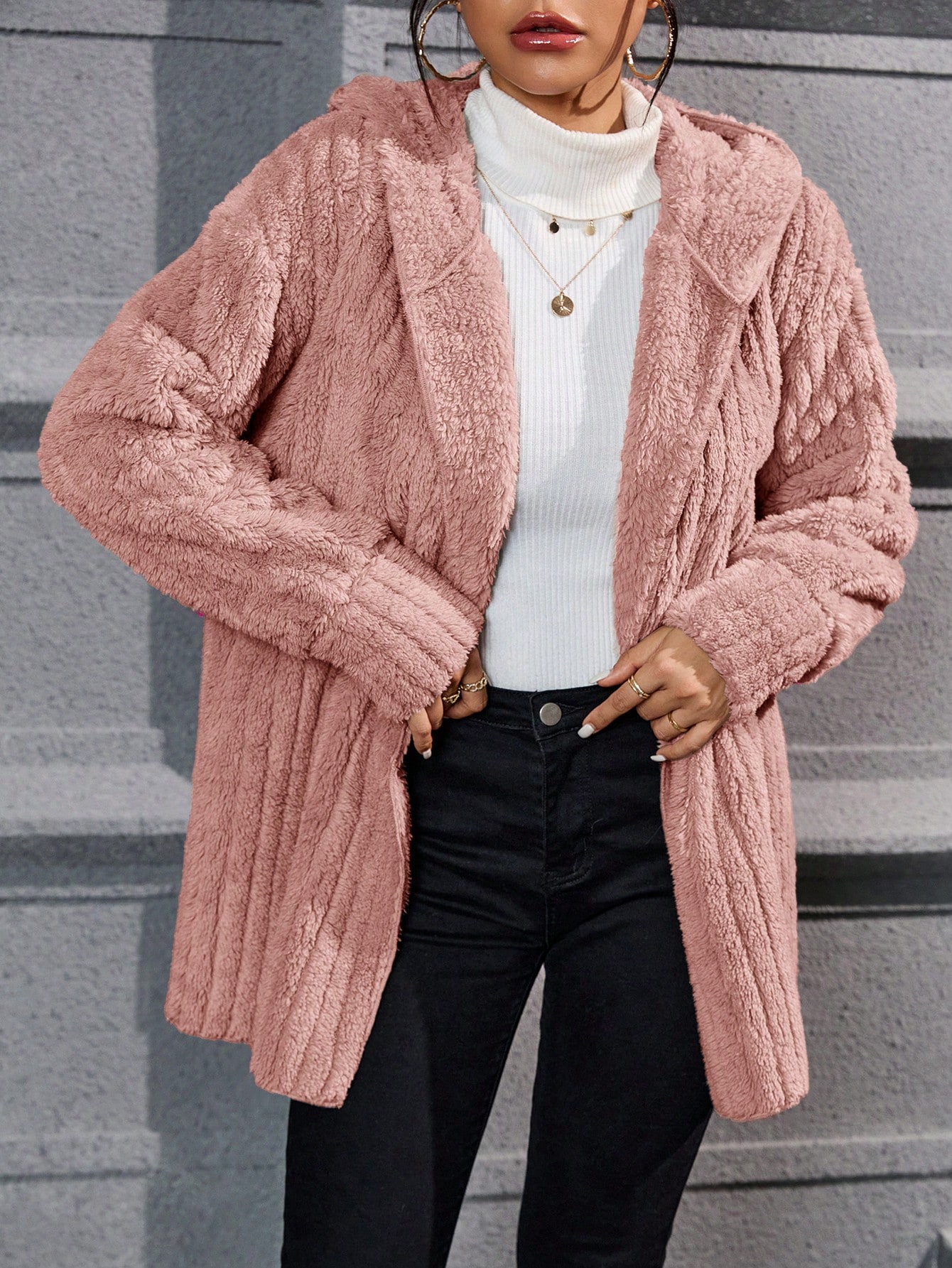 Drop Shoulder Hooded Open Front Flannel Coat