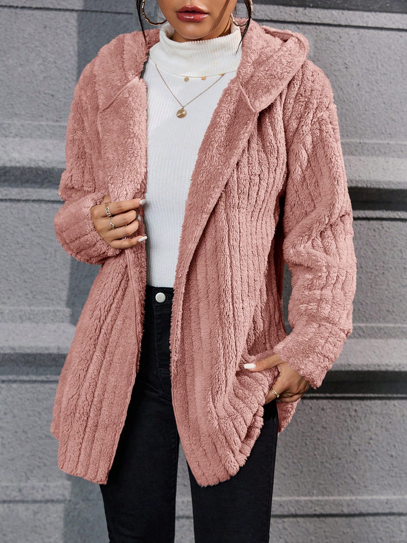 Drop Shoulder Hooded Open Front Flannel Coat