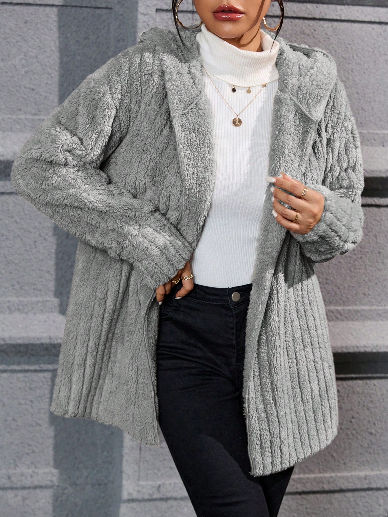 Drop Shoulder Hooded Open Front Flannel Coat