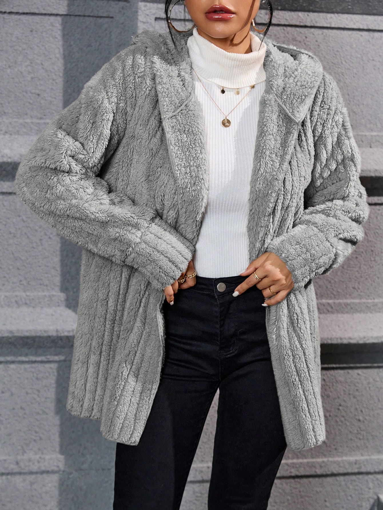 Drop Shoulder Hooded Open Front Flannel Coat