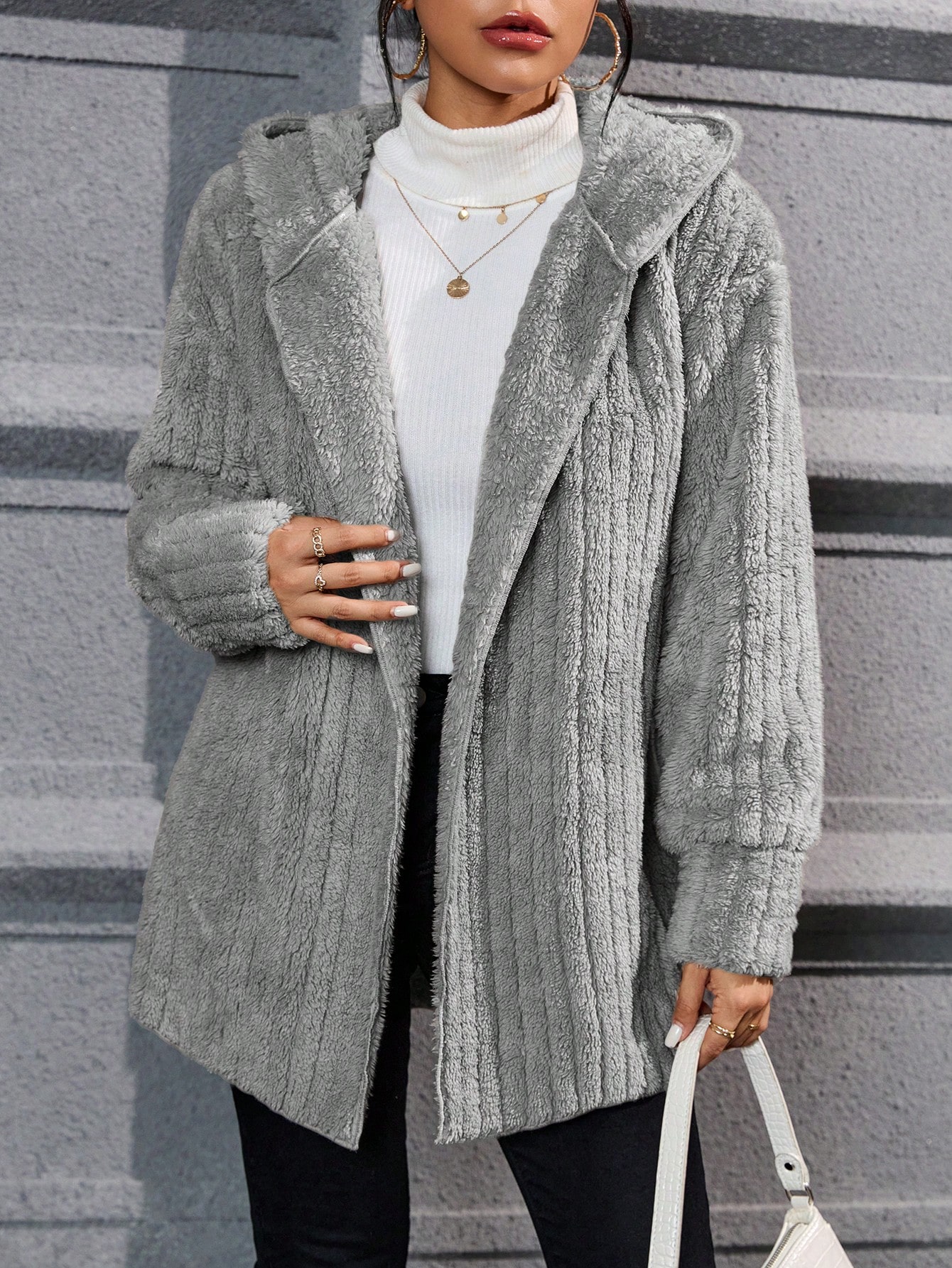 Drop Shoulder Hooded Open Front Flannel Coat