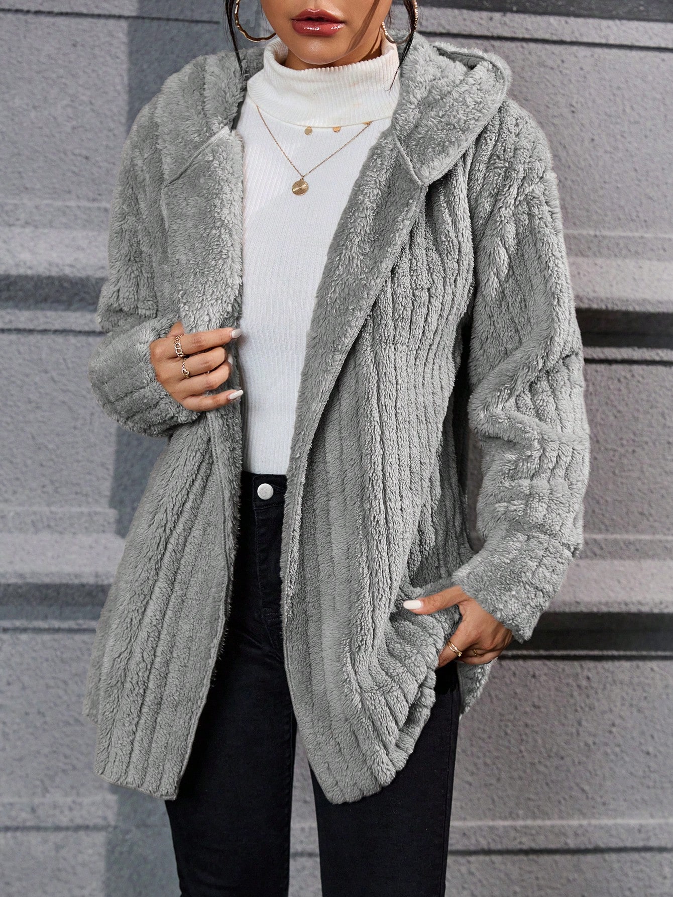 Drop Shoulder Hooded Open Front Flannel Coat