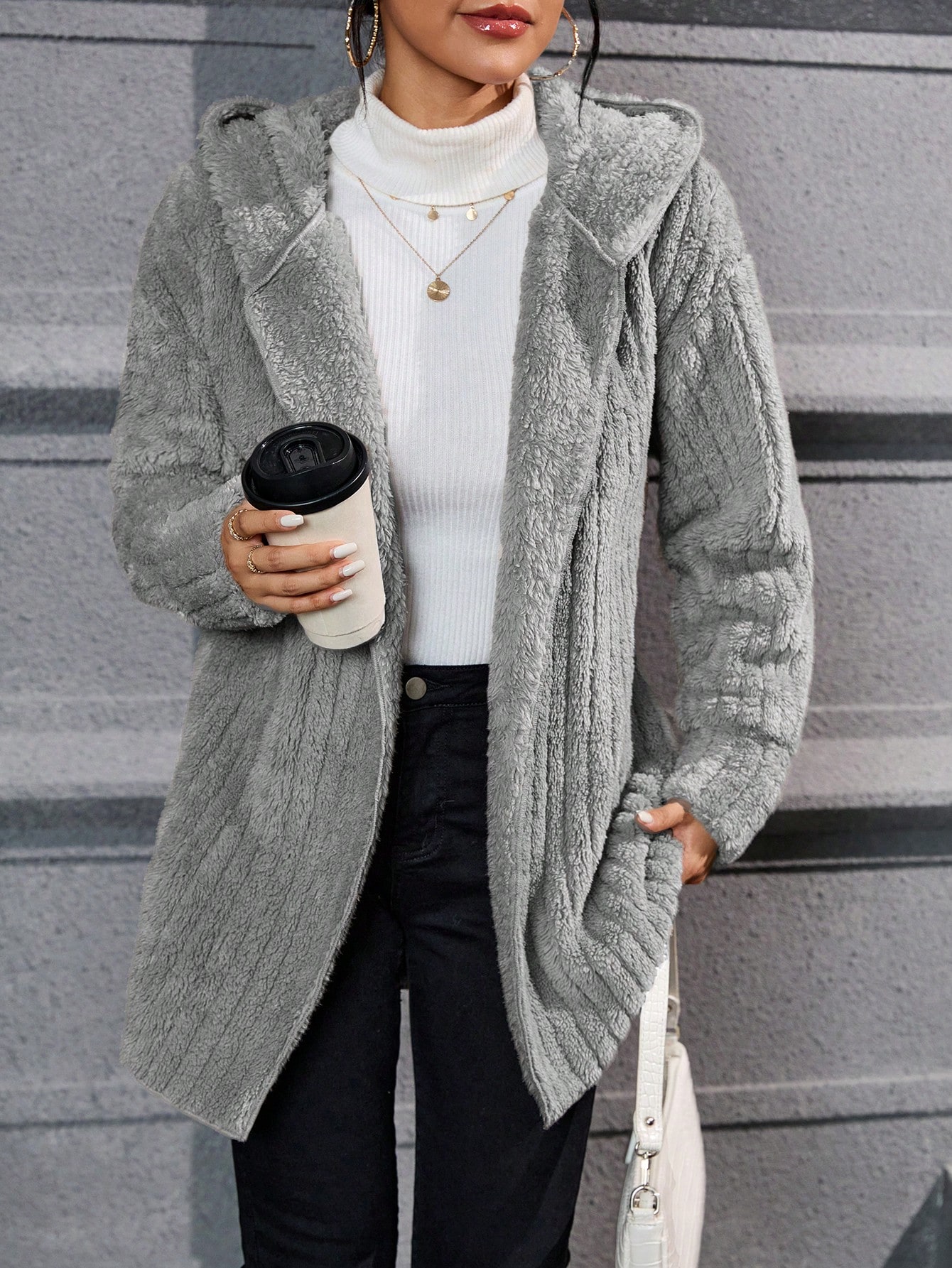 Drop Shoulder Hooded Open Front Flannel Coat