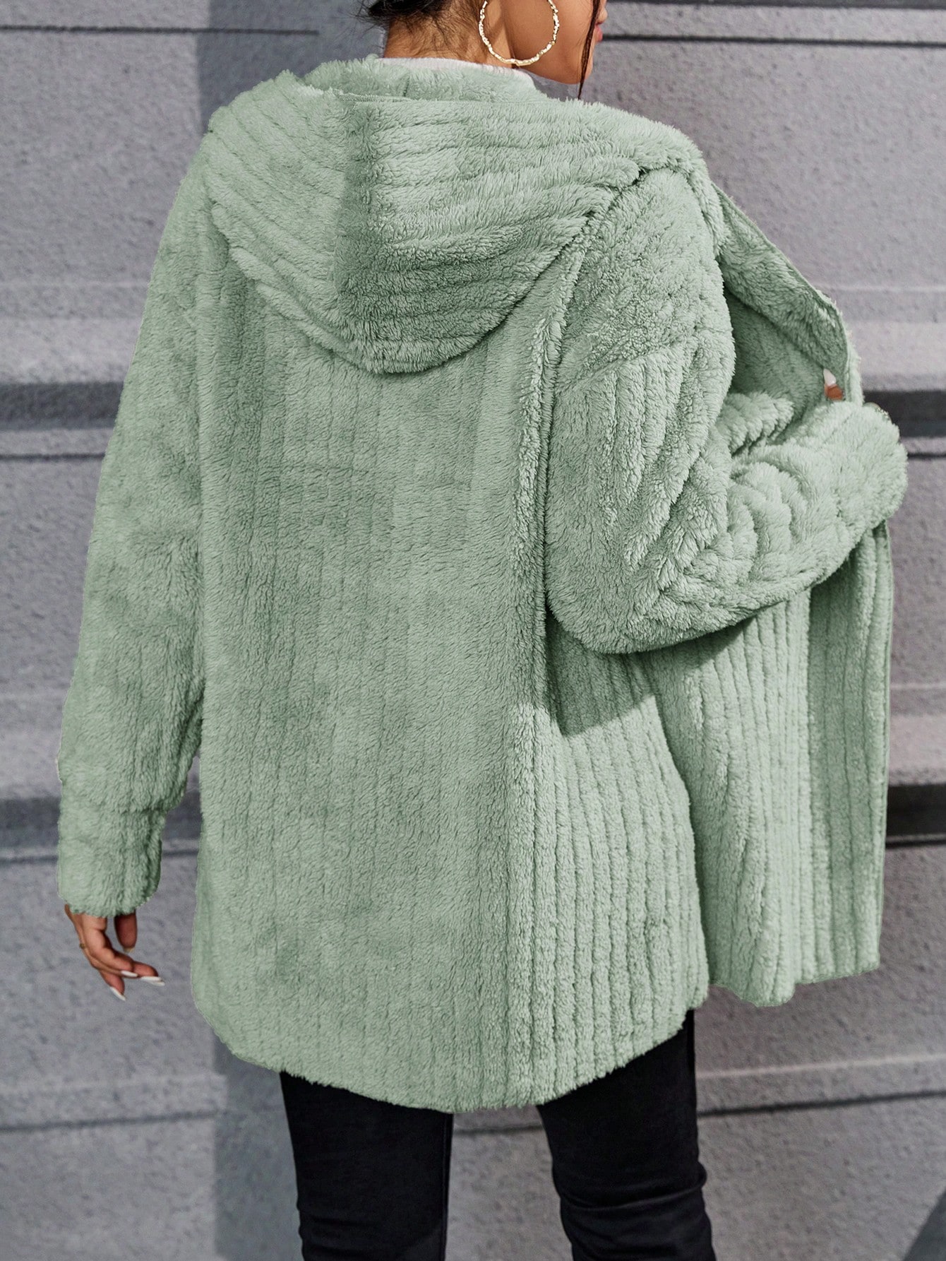 Drop Shoulder Hooded Open Front Flannel Coat