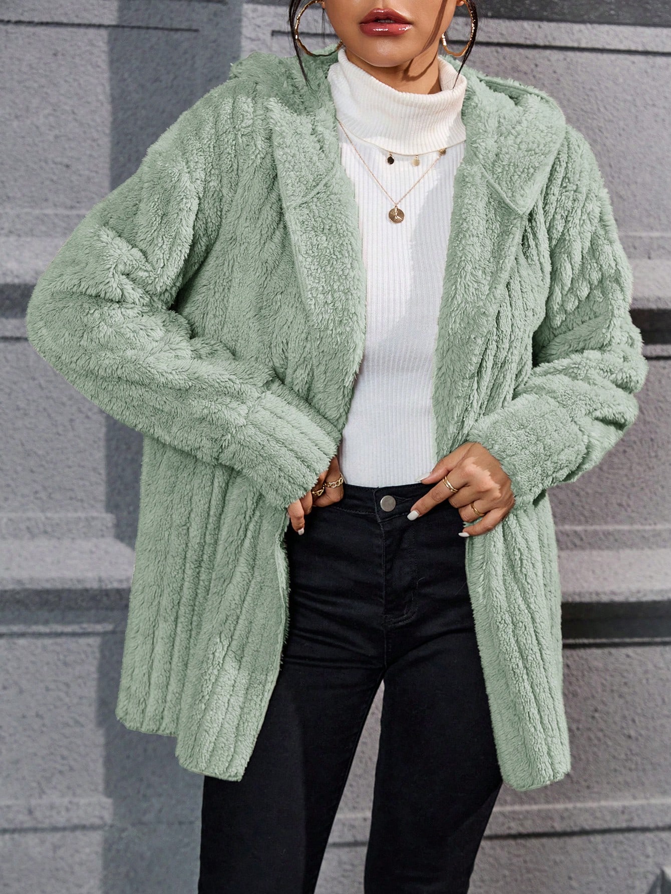 Drop Shoulder Hooded Open Front Flannel Coat