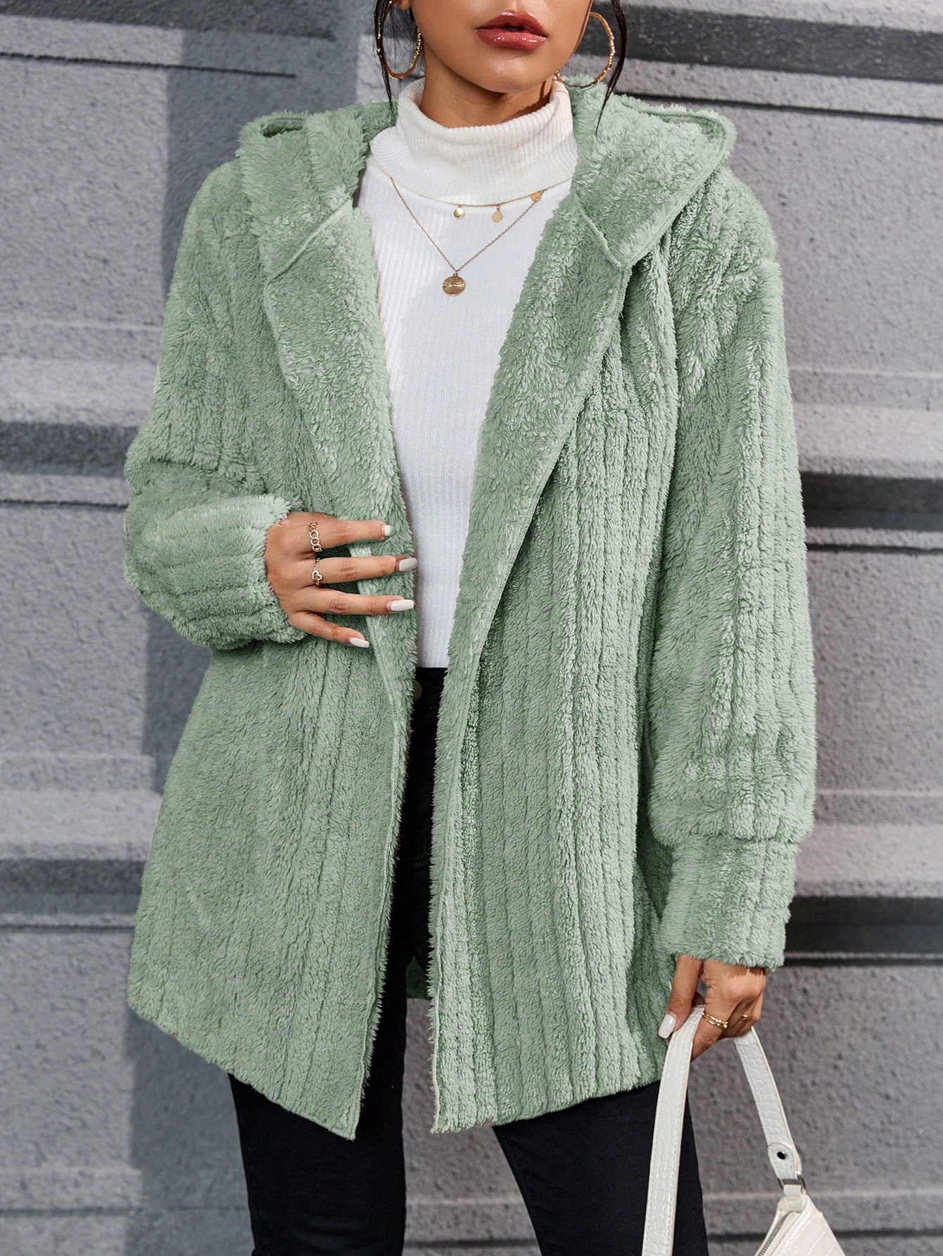 Drop Shoulder Hooded Open Front Flannel Coat