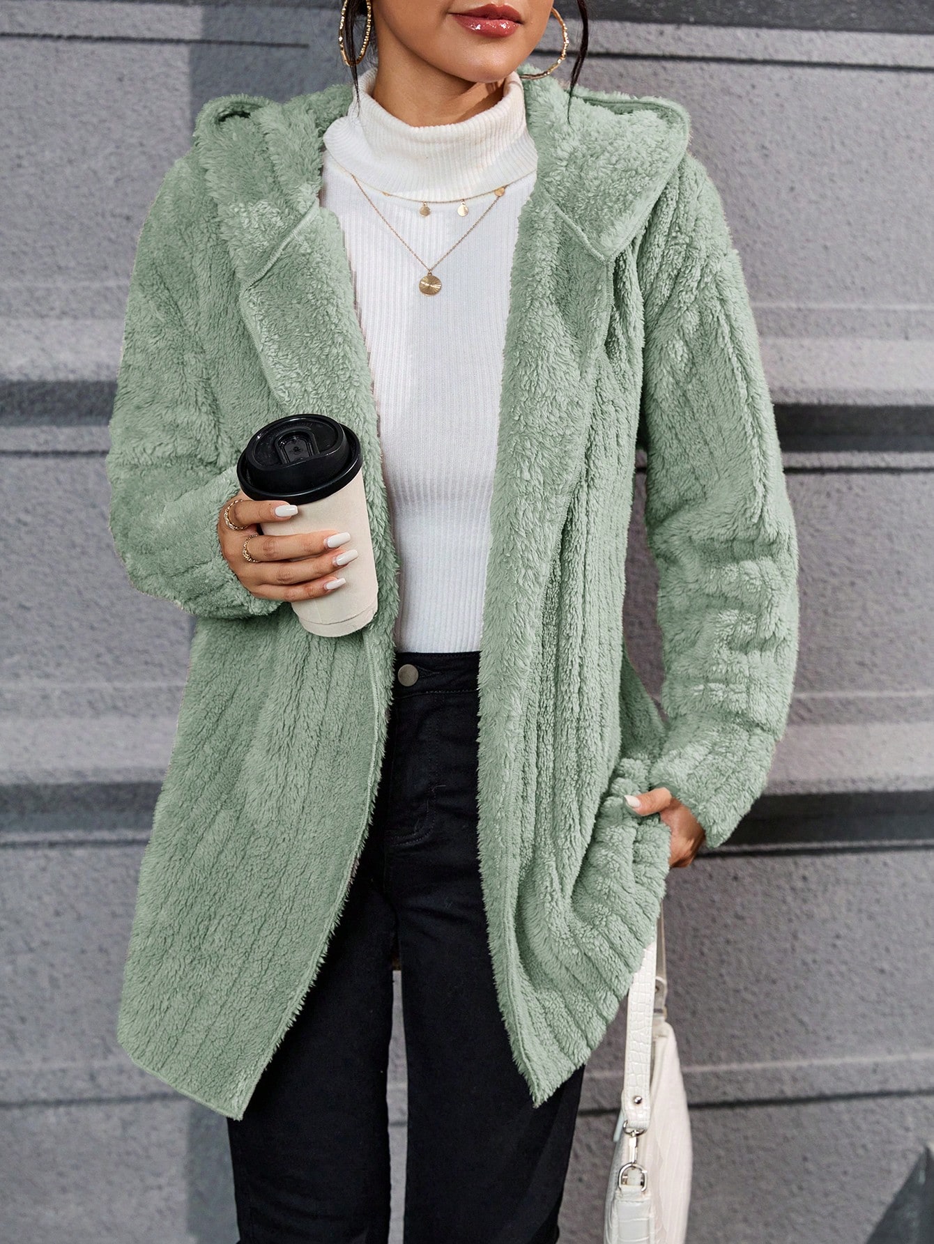 Drop Shoulder Hooded Open Front Flannel Coat