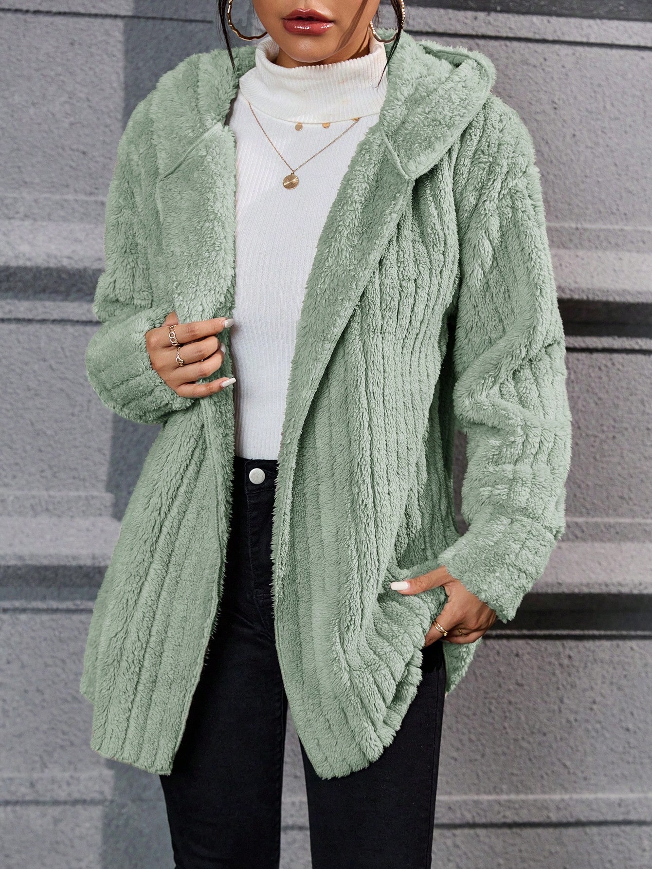 Drop Shoulder Hooded Open Front Flannel Coat