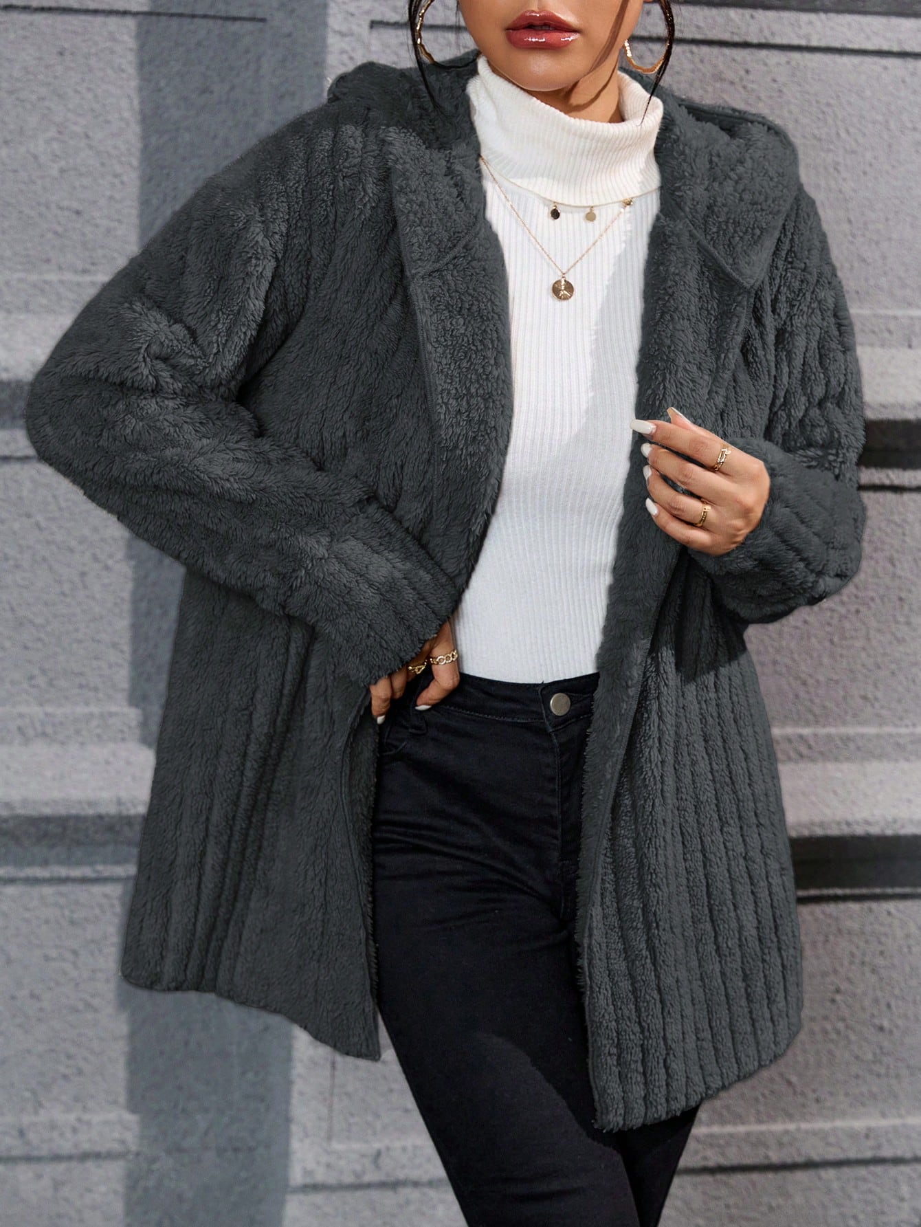 Drop Shoulder Hooded Open Front Flannel Coat