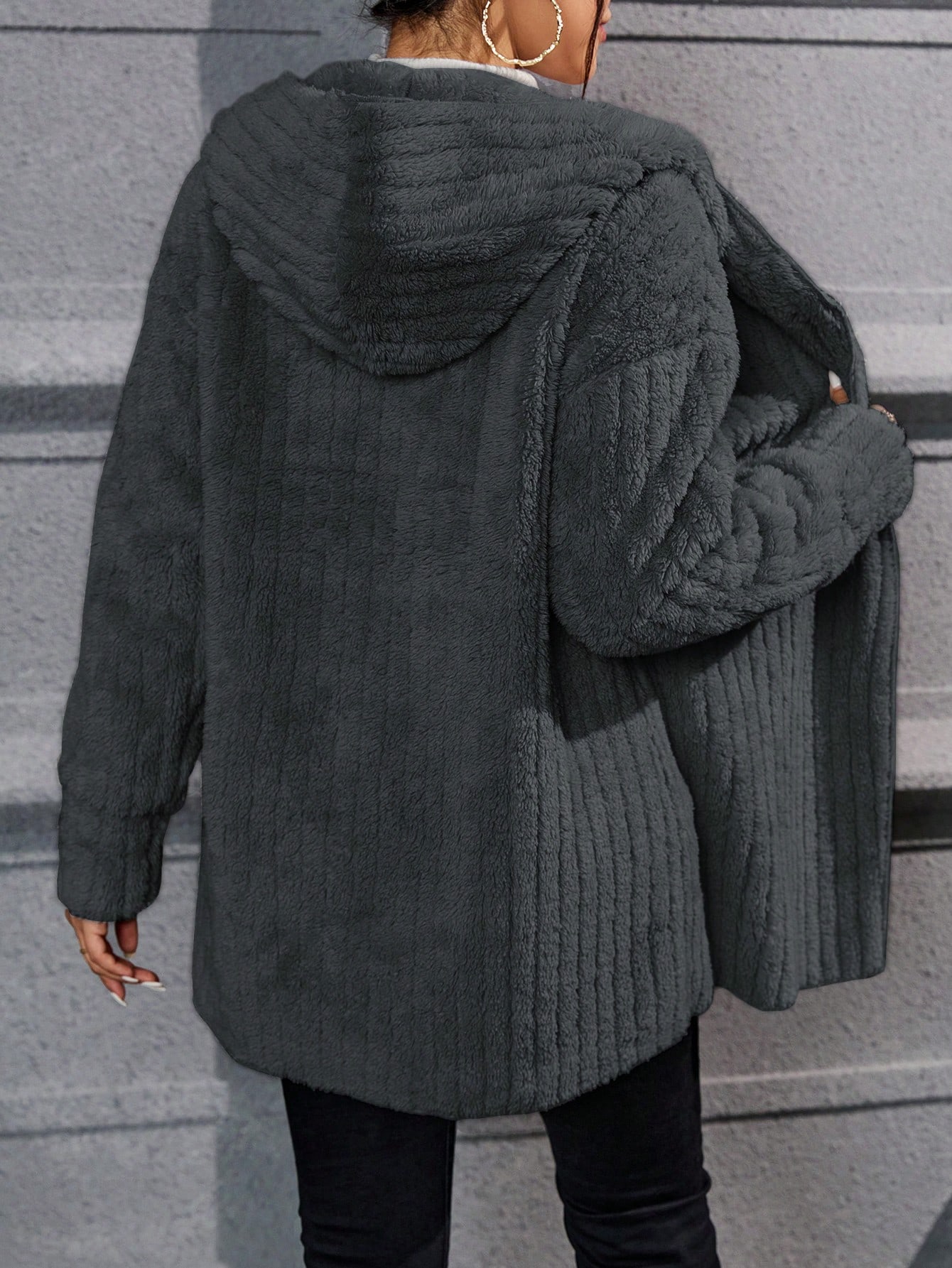 Drop Shoulder Hooded Open Front Flannel Coat