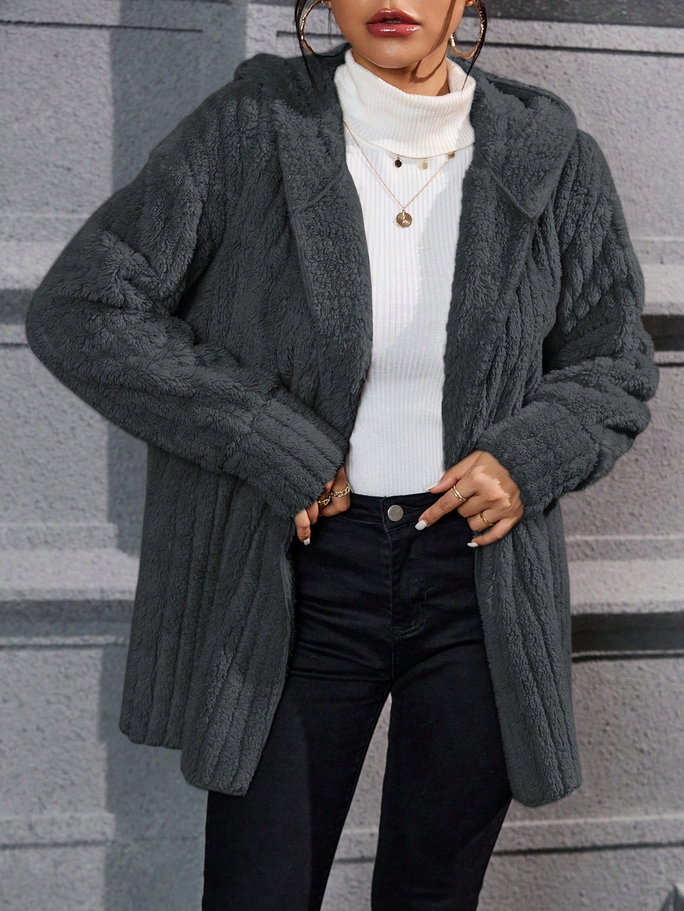 Drop Shoulder Hooded Open Front Flannel Coat