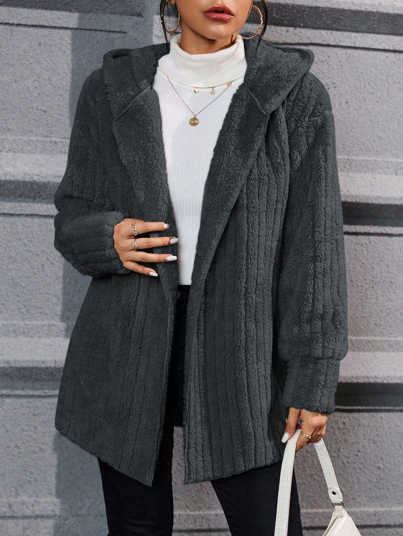 Drop Shoulder Hooded Open Front Flannel Coat