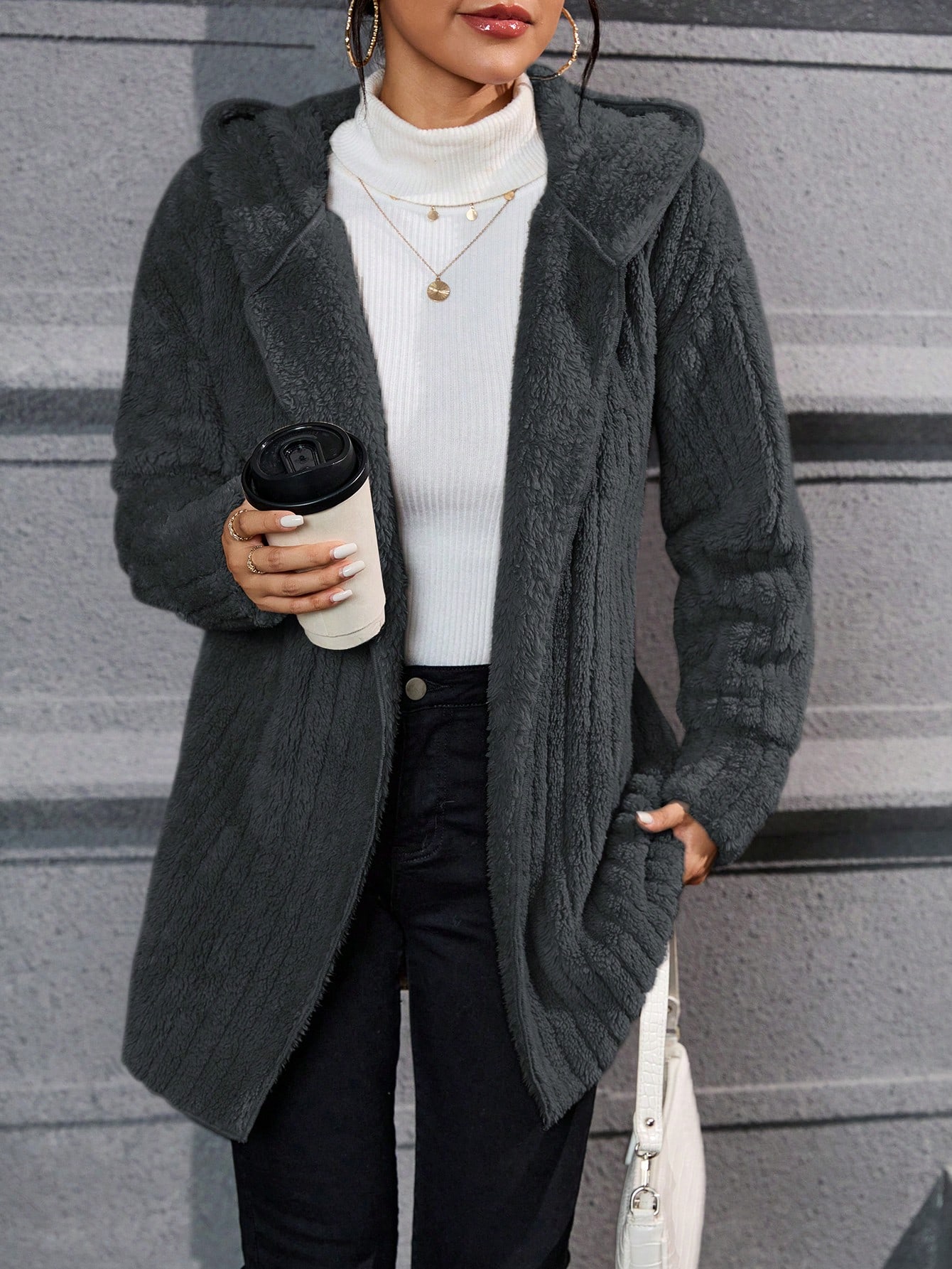 Drop Shoulder Hooded Open Front Flannel Coat
