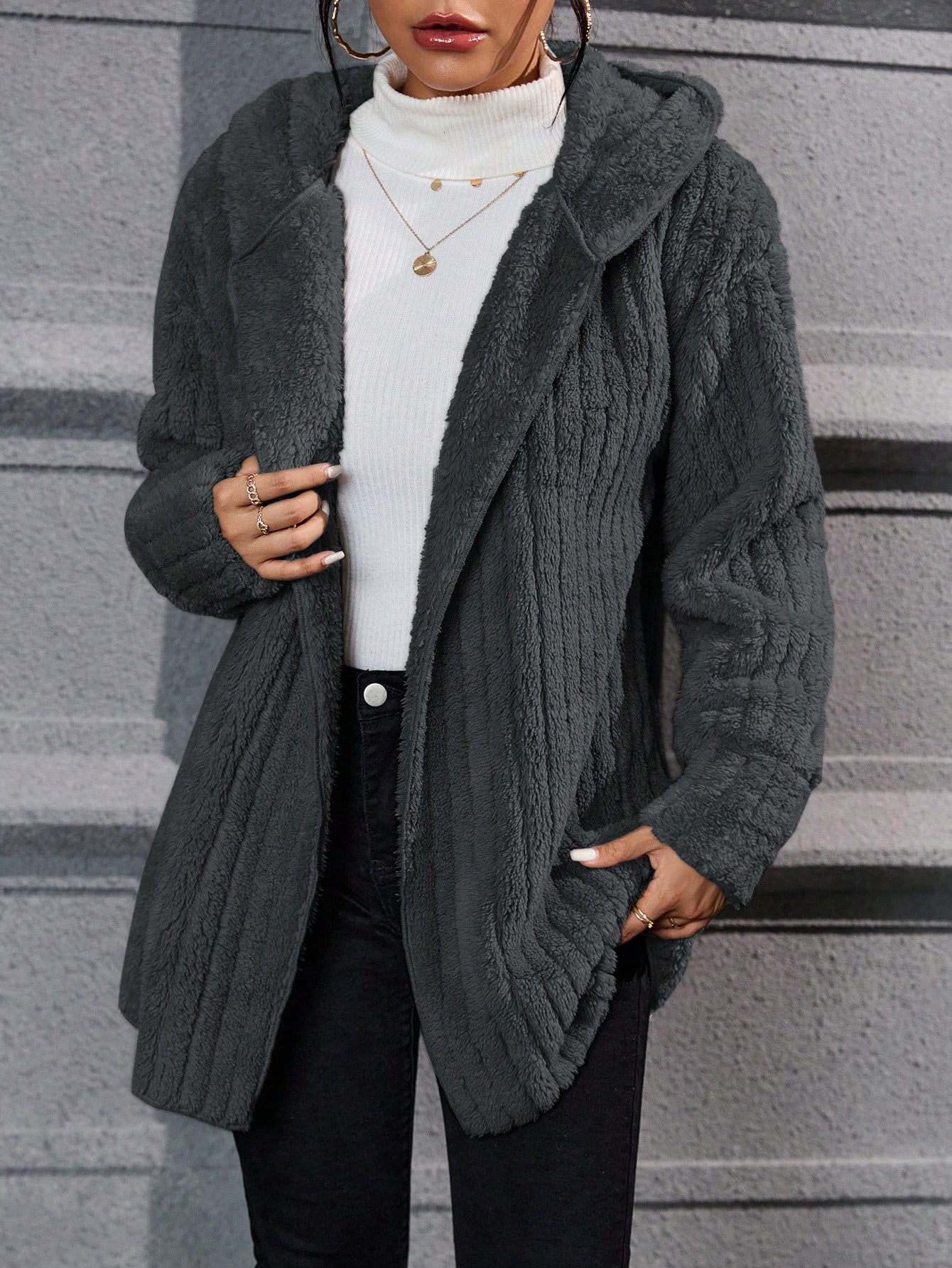 Drop Shoulder Hooded Open Front Flannel Coat