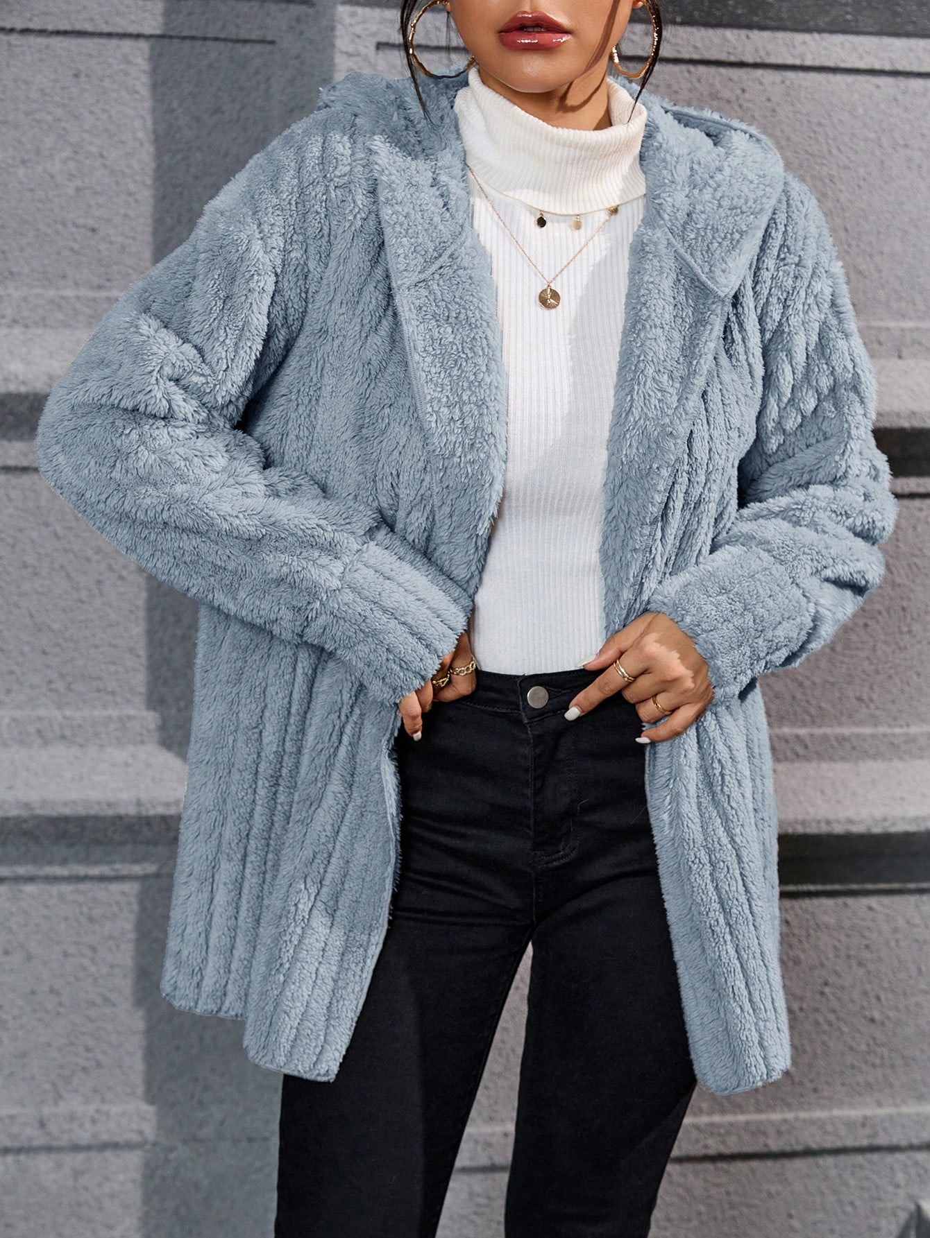 Drop Shoulder Hooded Open Front Flannel Coat