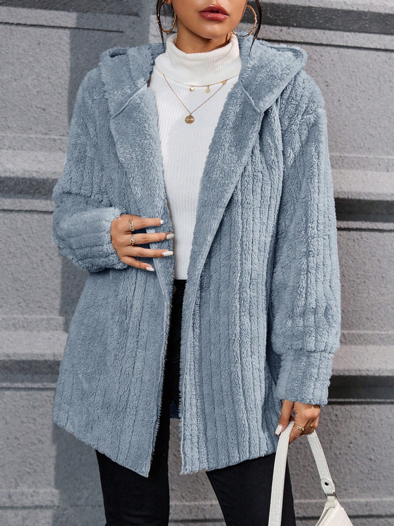 Drop Shoulder Hooded Open Front Flannel Coat