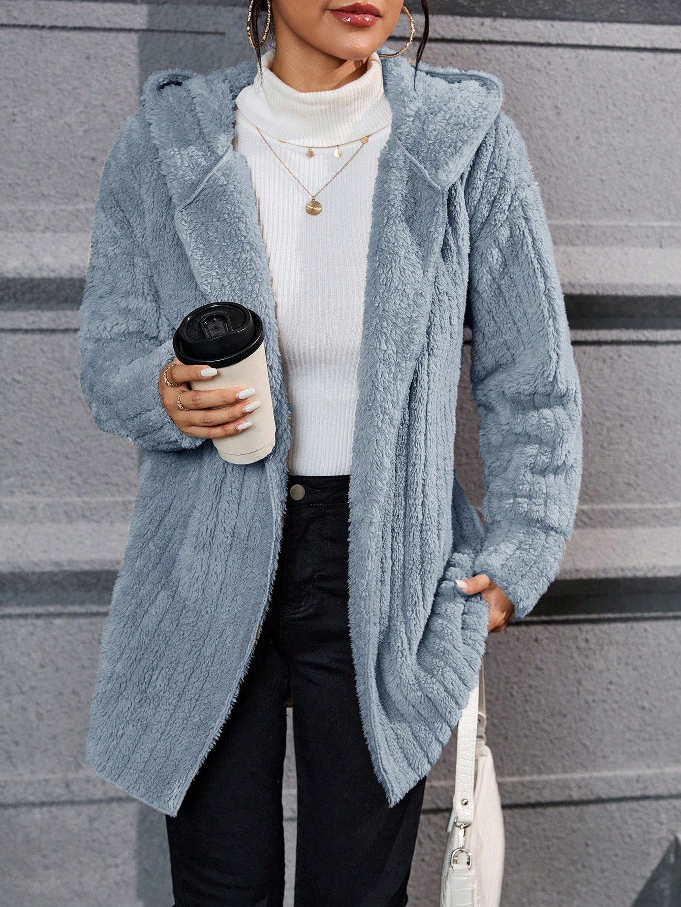 Drop Shoulder Hooded Open Front Flannel Coat