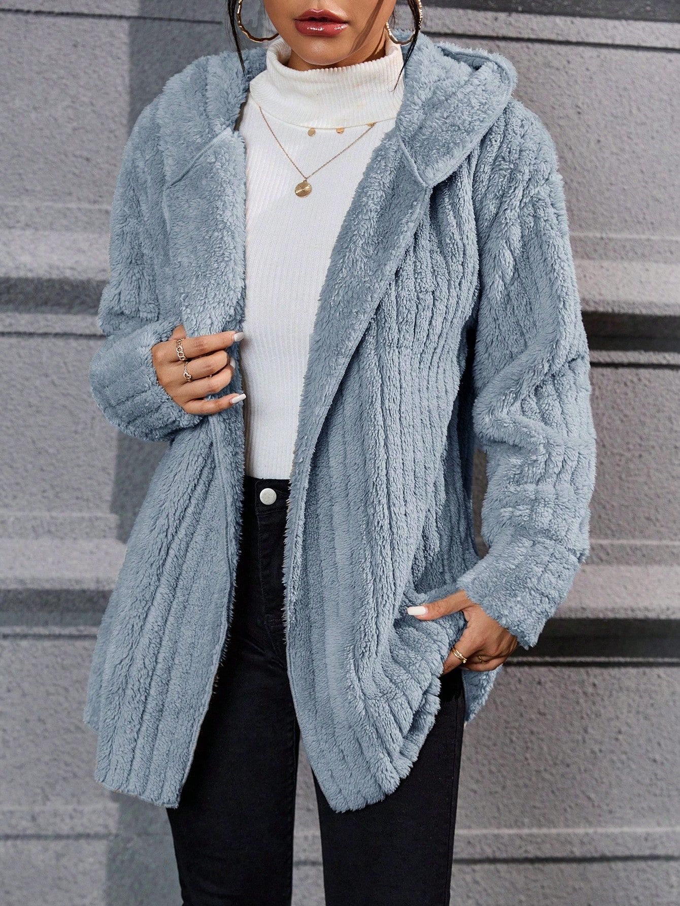 Drop Shoulder Hooded Open Front Flannel Coat
