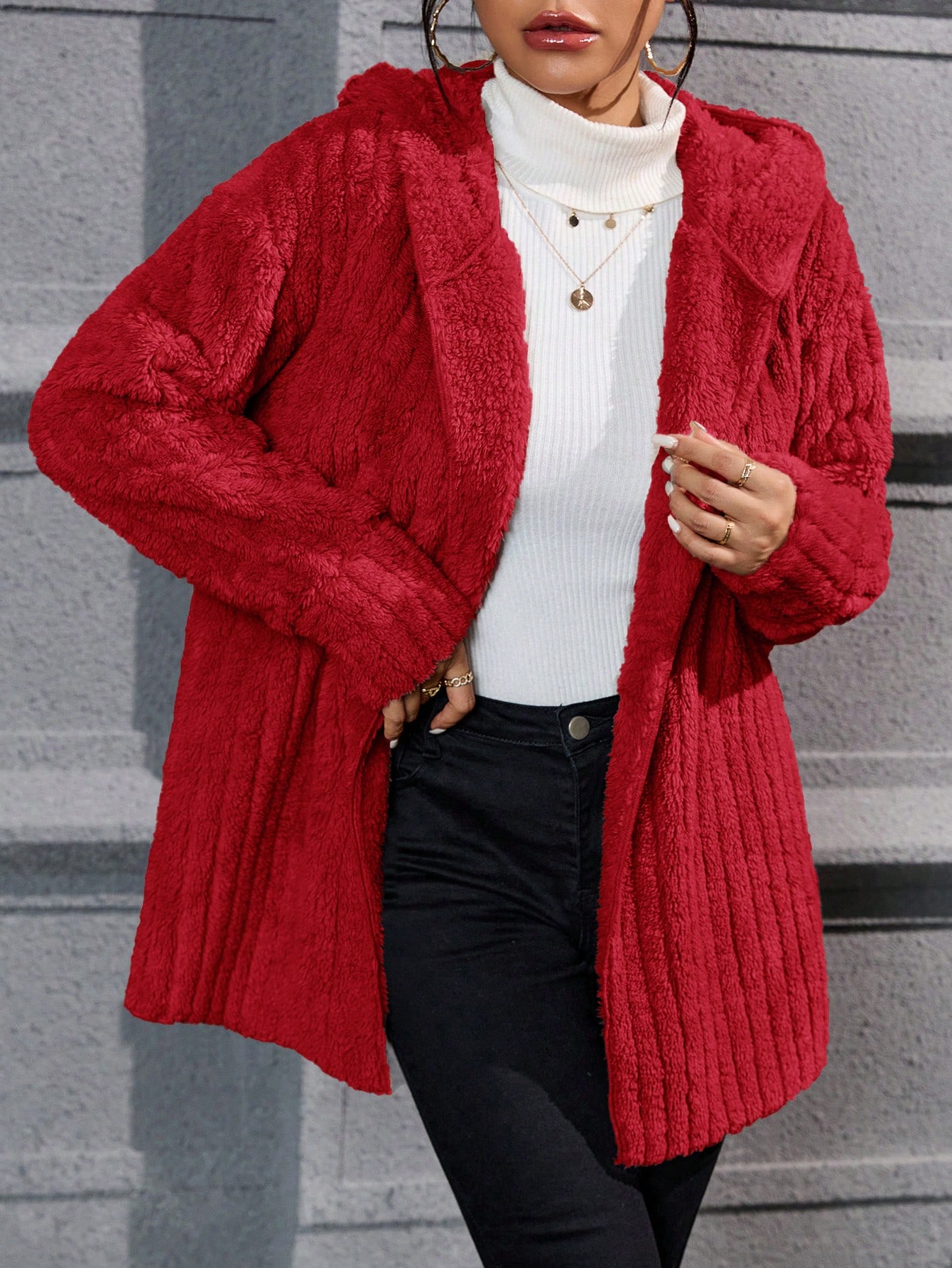 Drop Shoulder Hooded Open Front Flannel Coat