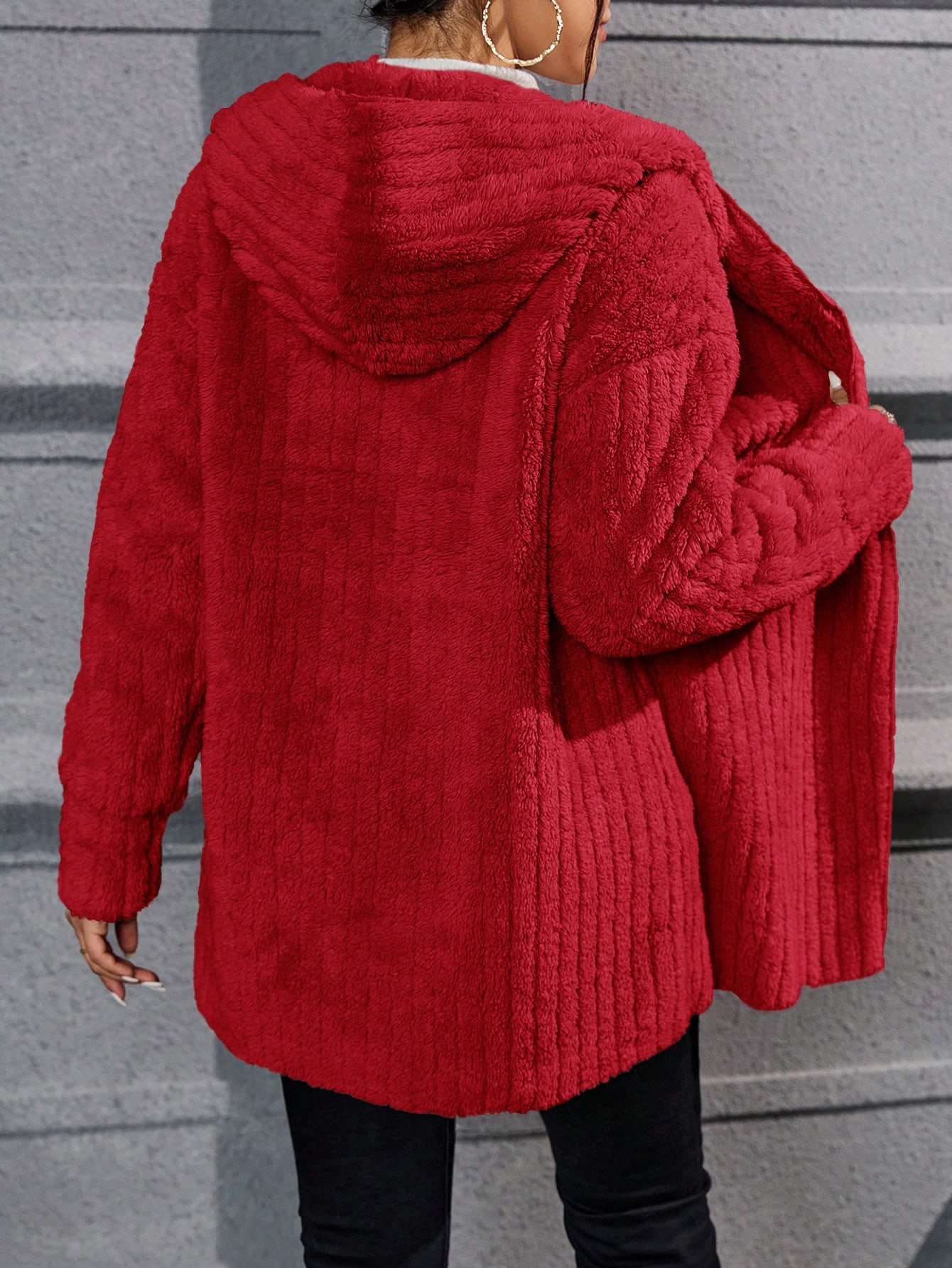 Drop Shoulder Hooded Open Front Flannel Coat