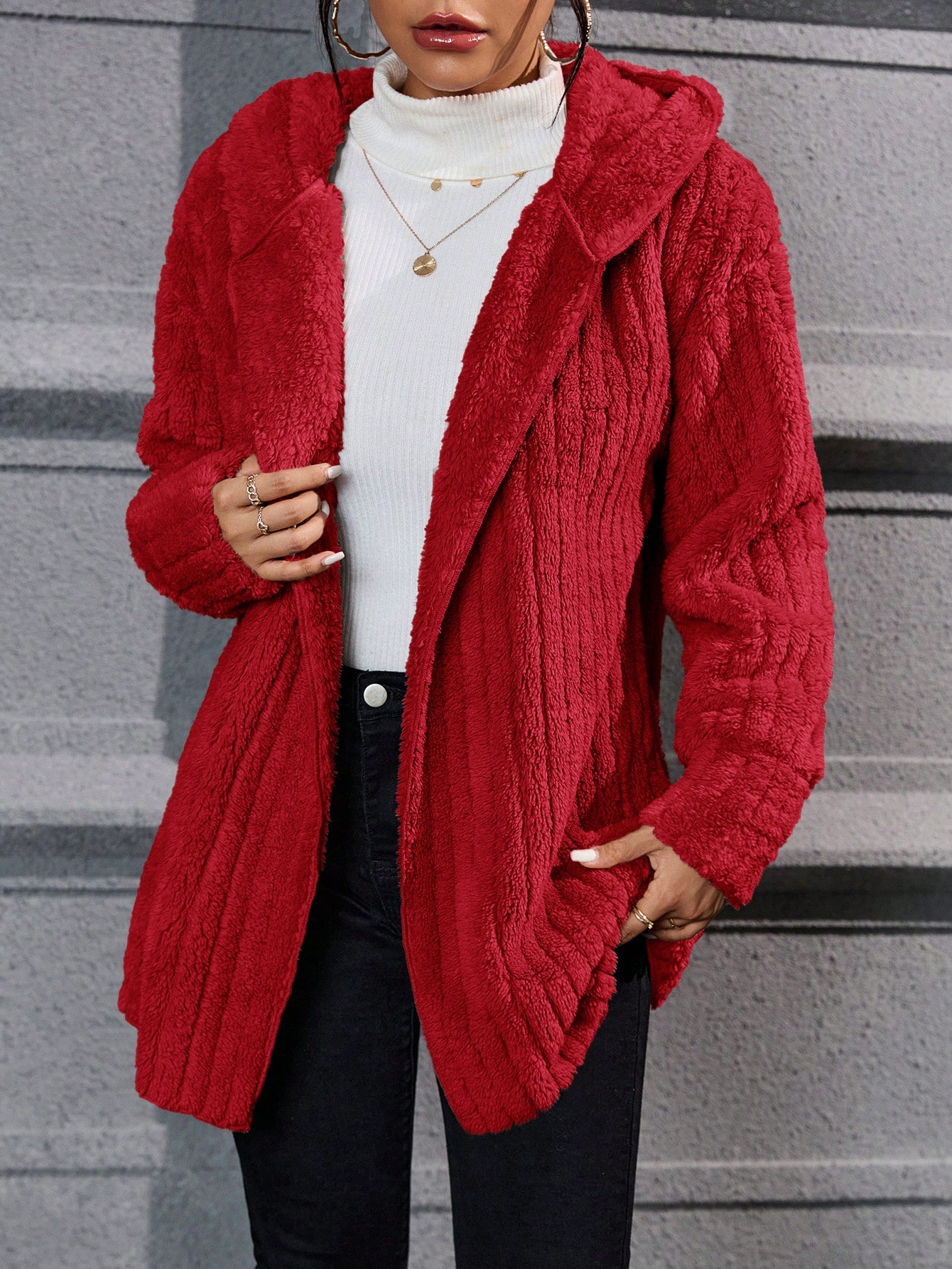 Drop Shoulder Hooded Open Front Flannel Coat