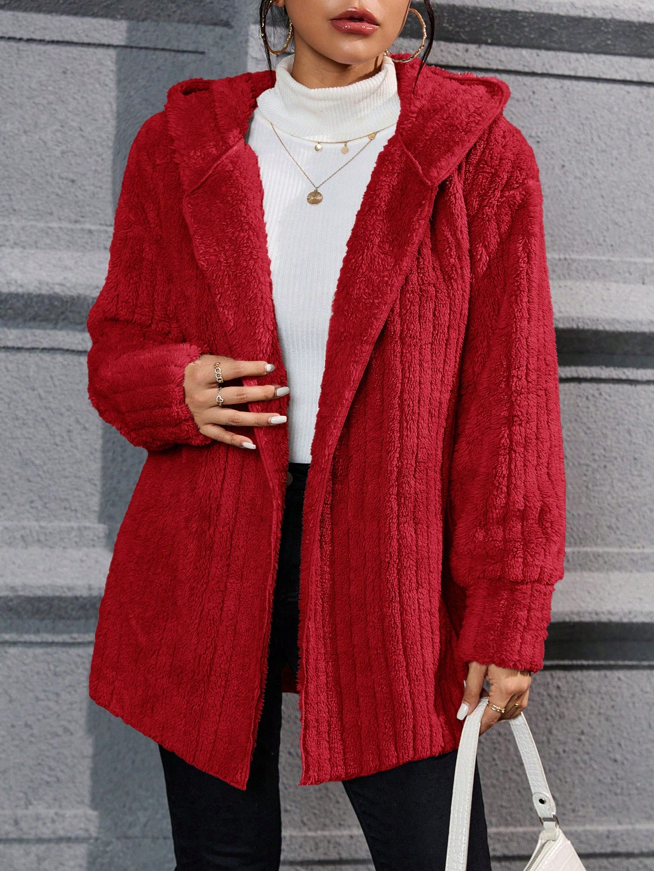 Drop Shoulder Hooded Open Front Flannel Coat