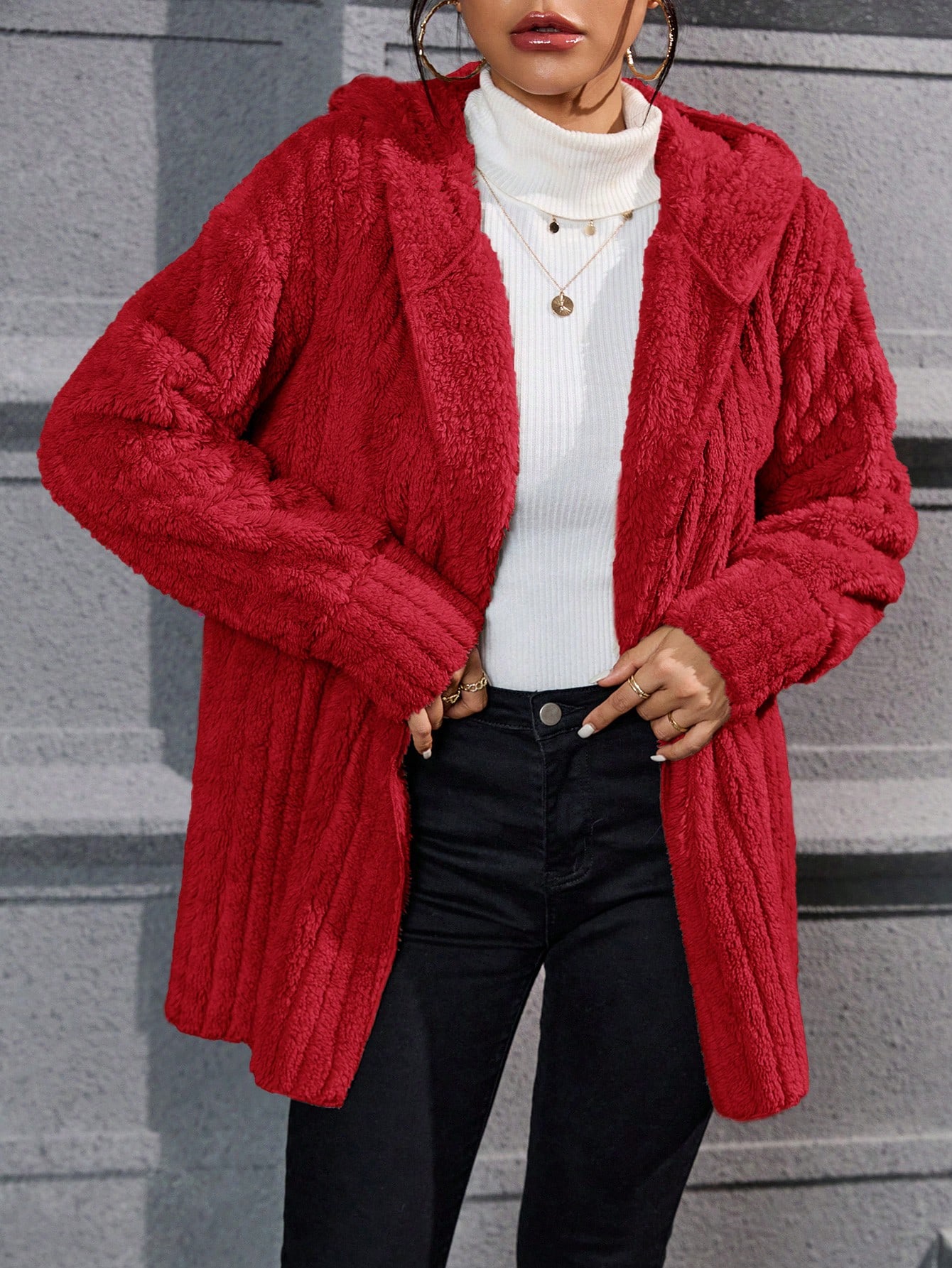 Drop Shoulder Hooded Open Front Flannel Coat