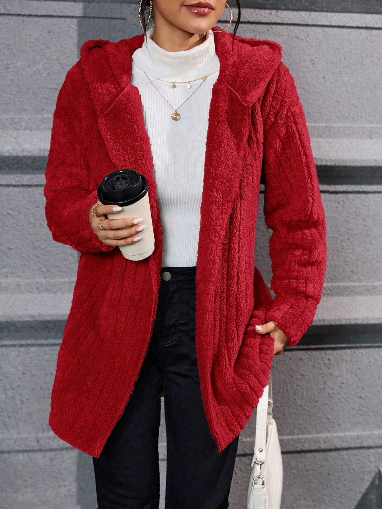 Drop Shoulder Hooded Open Front Flannel Coat