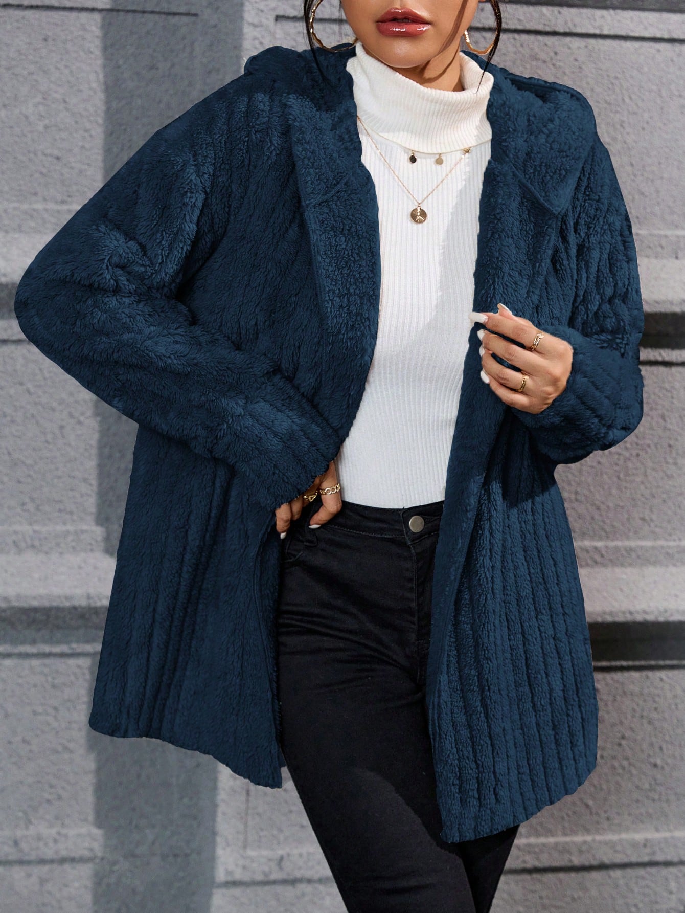 Drop Shoulder Hooded Open Front Flannel Coat