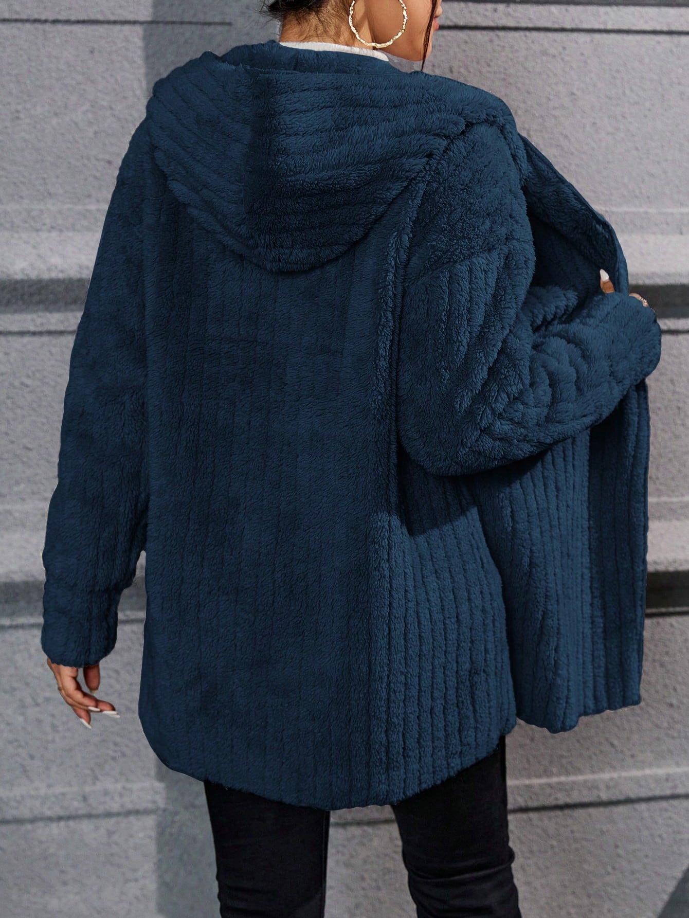 Drop Shoulder Hooded Open Front Flannel Coat