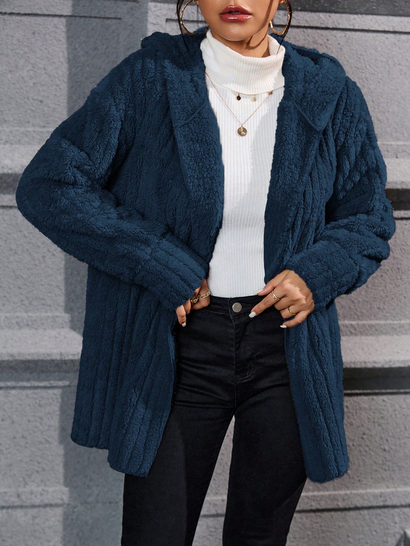 Drop Shoulder Hooded Open Front Flannel Coat