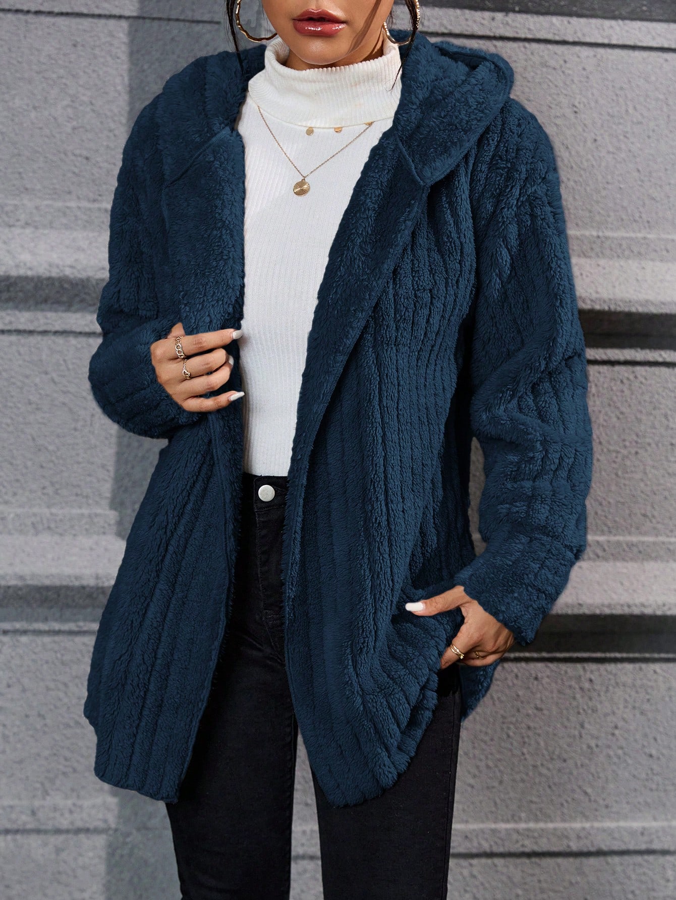Drop Shoulder Hooded Open Front Flannel Coat
