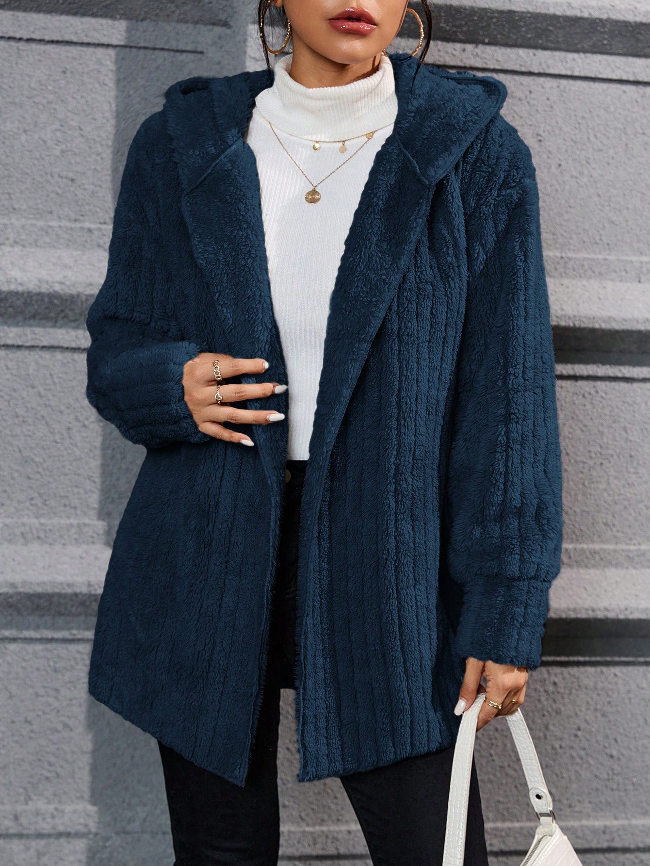 Drop Shoulder Hooded Open Front Flannel Coat