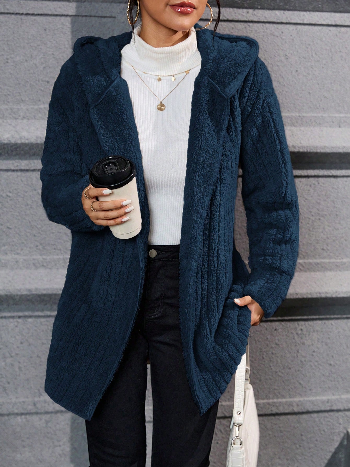 Drop Shoulder Hooded Open Front Flannel Coat