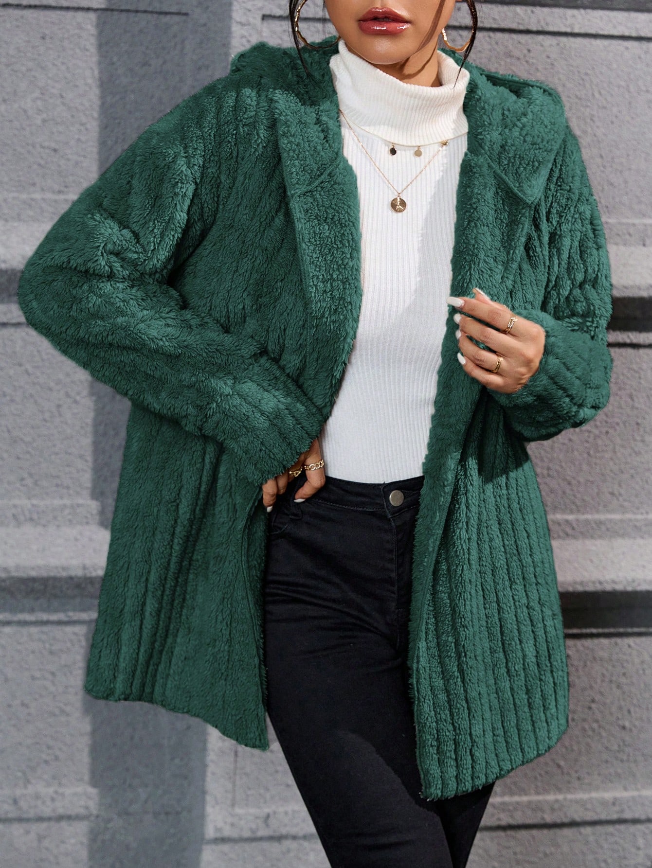 Drop Shoulder Hooded Open Front Flannel Coat