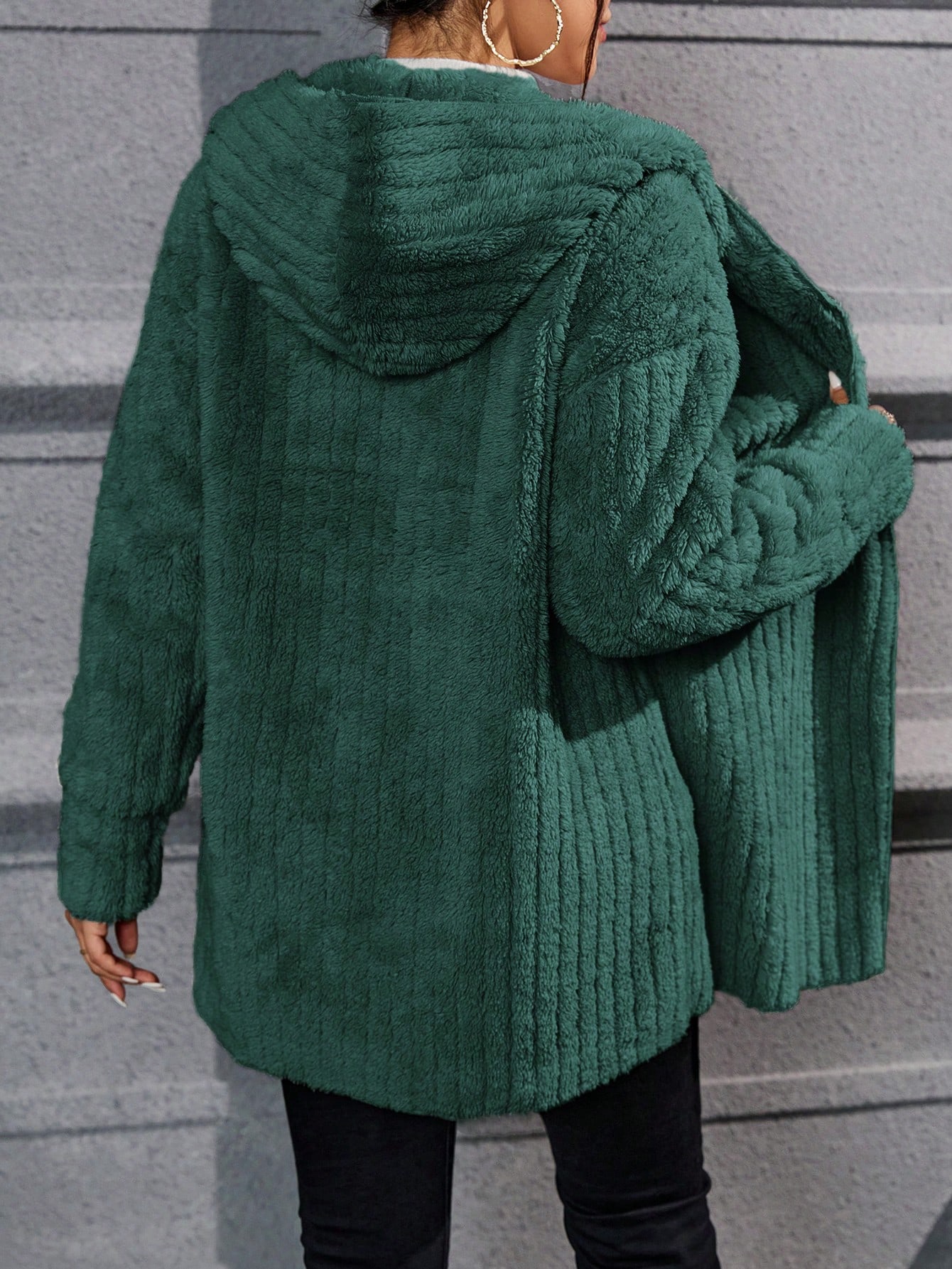 Drop Shoulder Hooded Open Front Flannel Coat