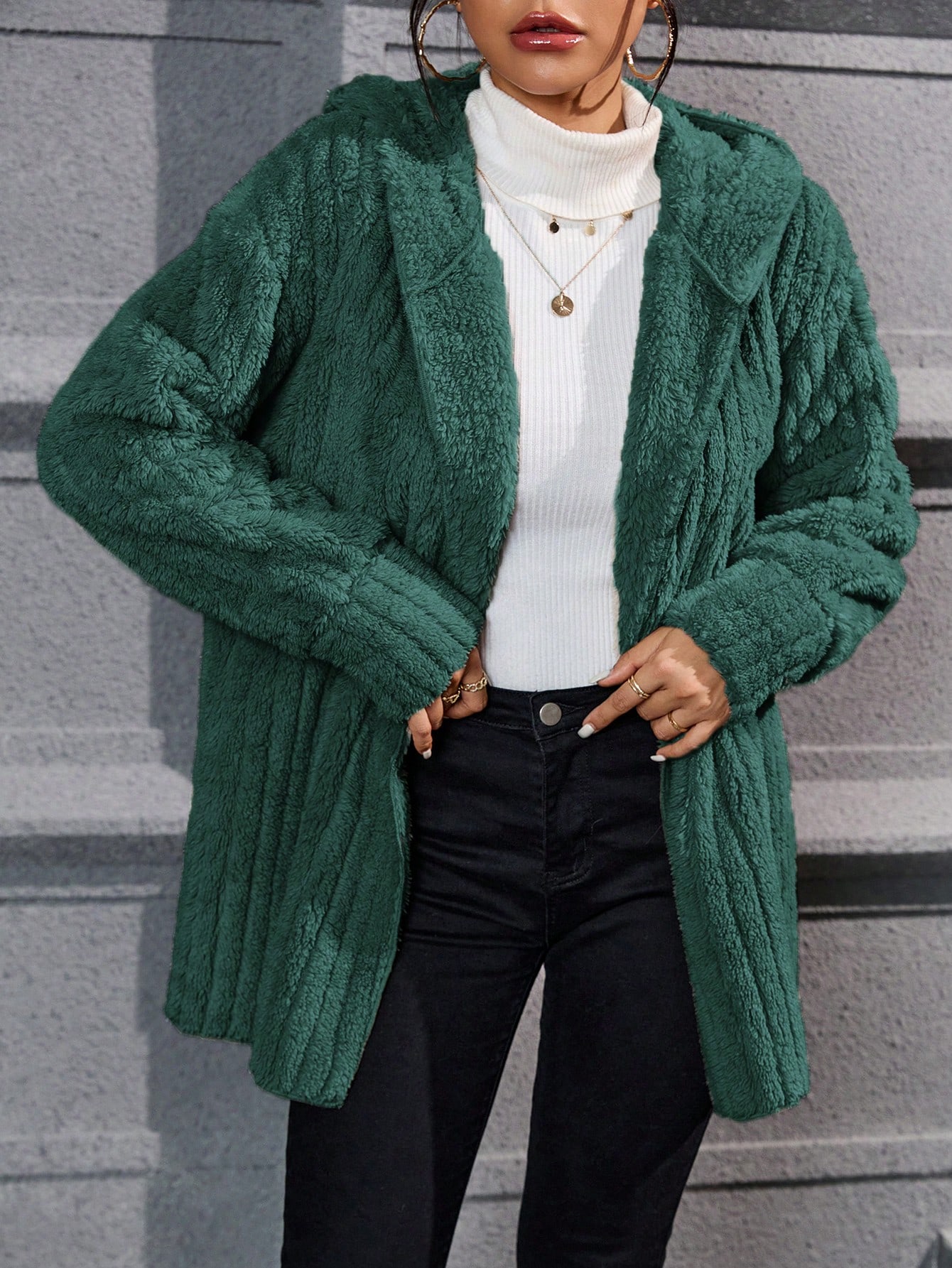 Drop Shoulder Hooded Open Front Flannel Coat