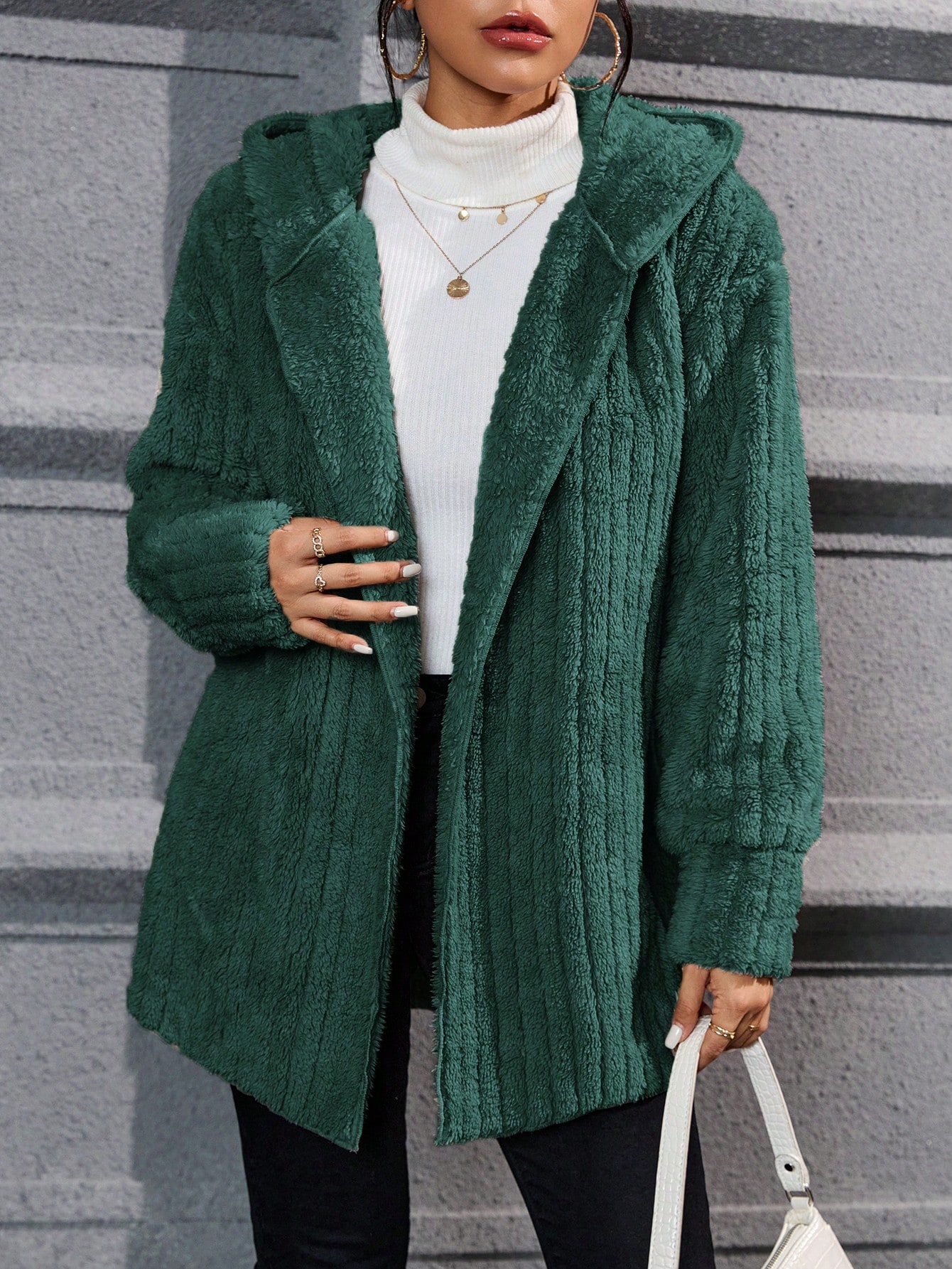 Drop Shoulder Hooded Open Front Flannel Coat