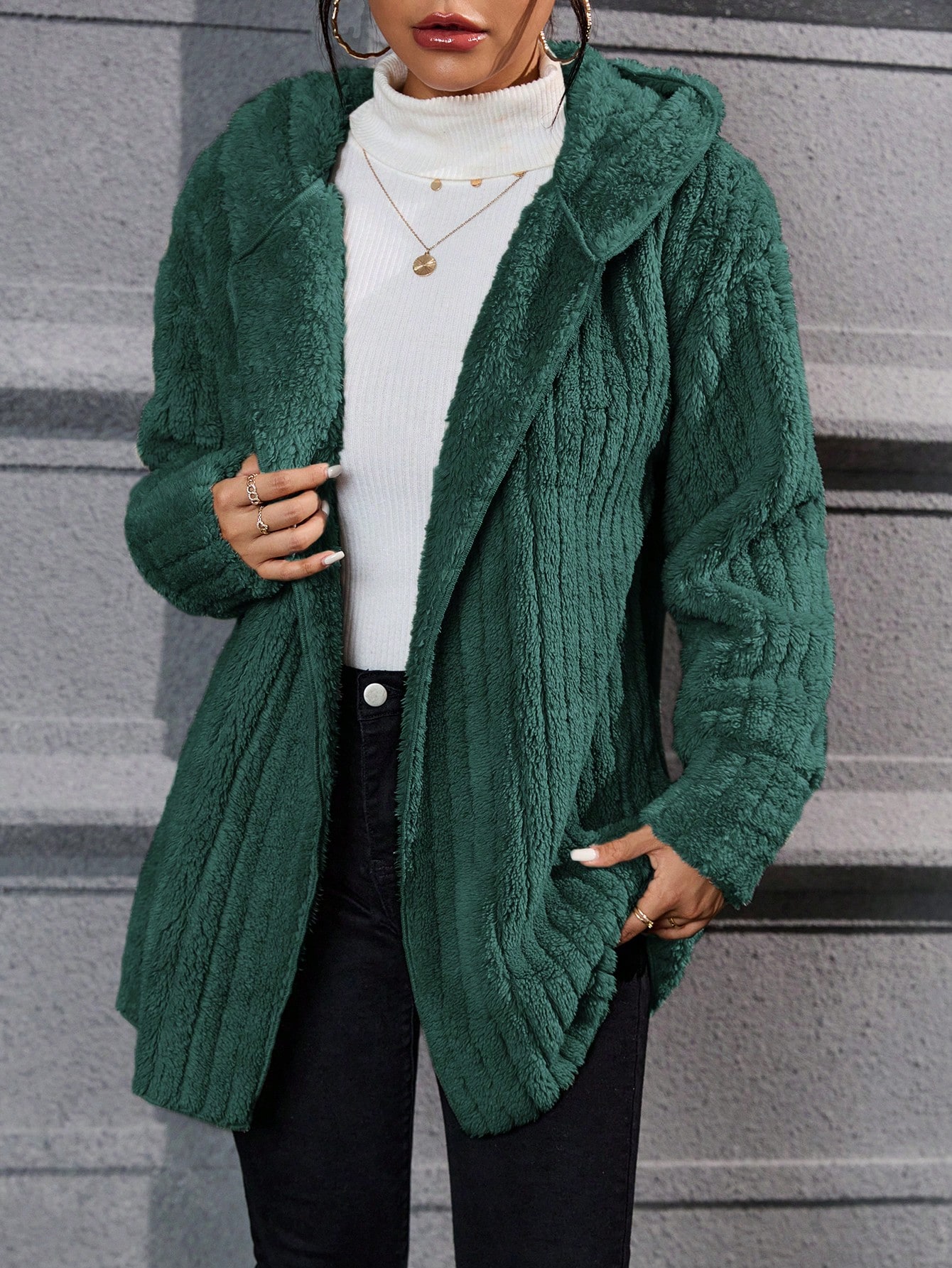 Drop Shoulder Hooded Open Front Flannel Coat